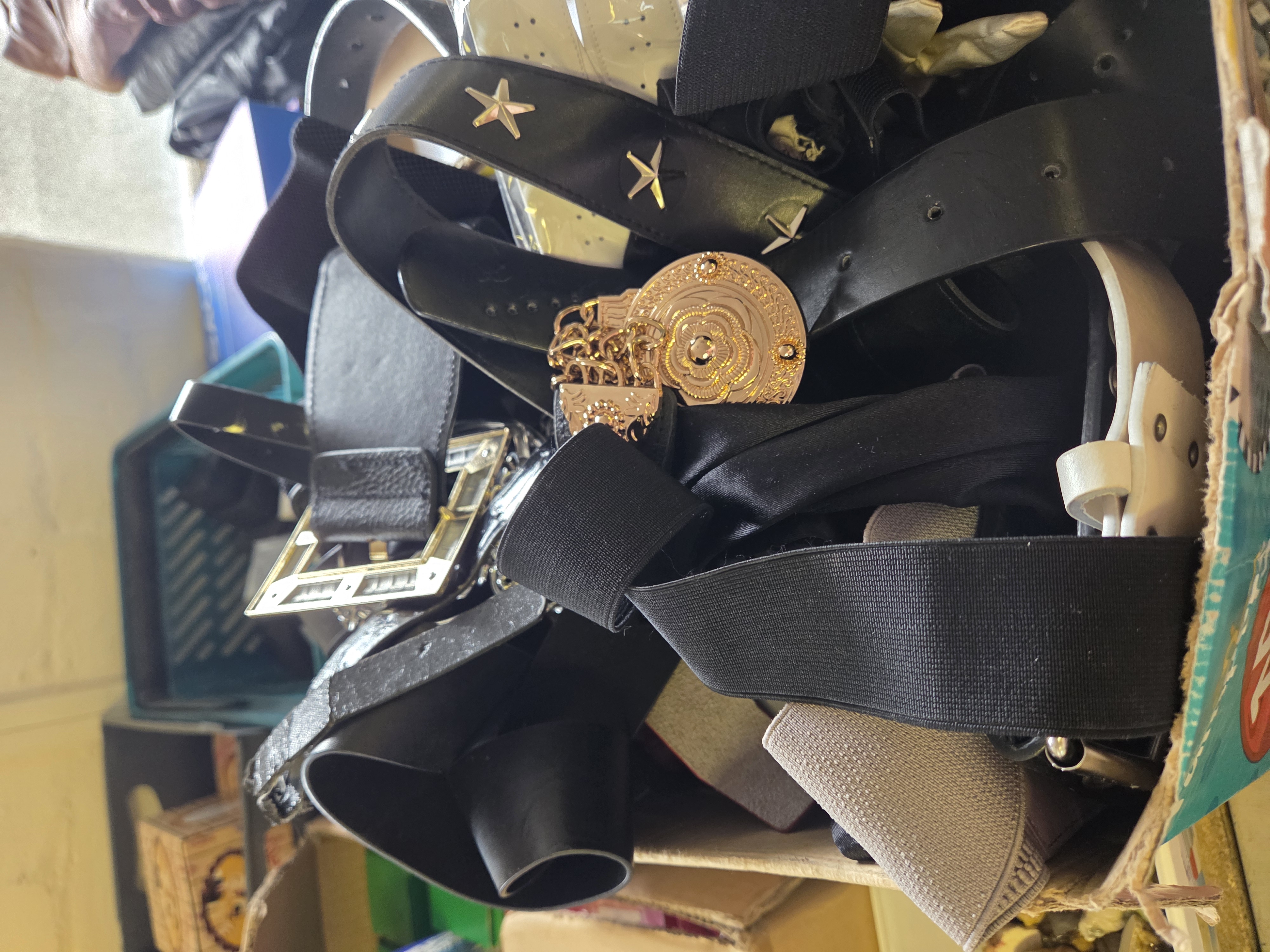 One Box of Fashion Belts and Waist Accessories Including Decorative Buckles