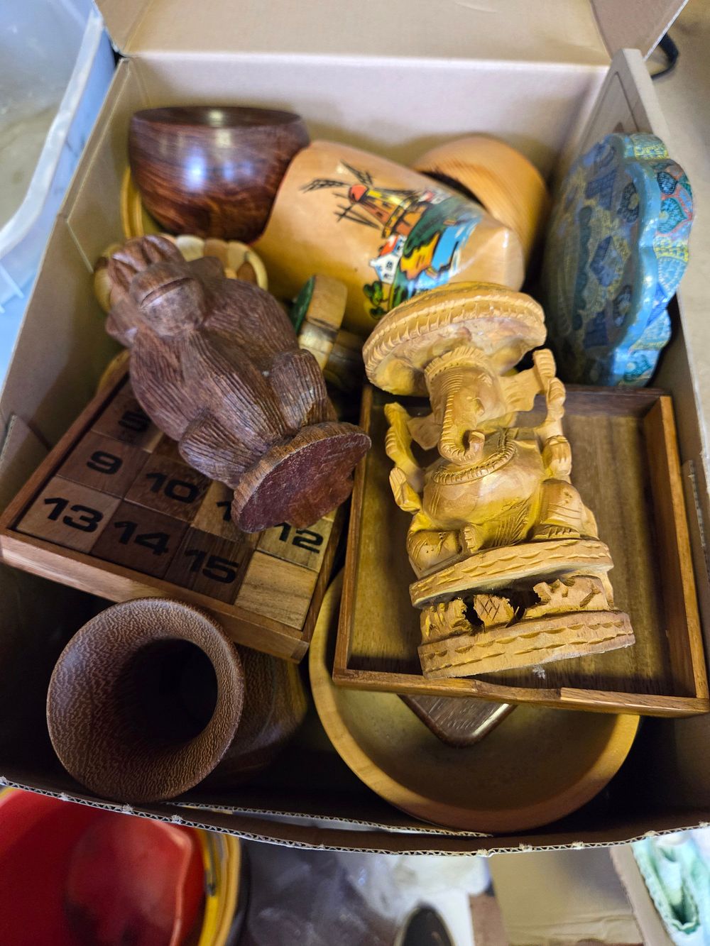 Lot 265 – One Box of Miscellaneous Wooden Collectables and Decorative Wares Including Ganesha Carving