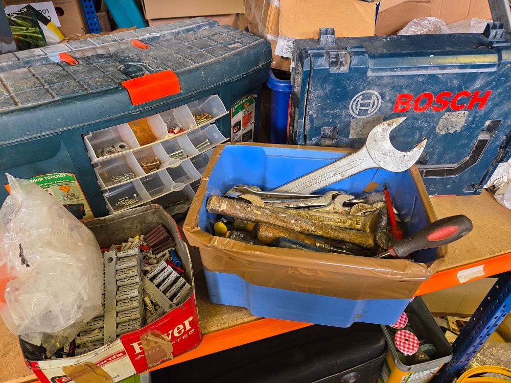 Lot 271 – Three Boxes of Assorted Hand Tools and Hardware Including Heyco WGB and Bosch