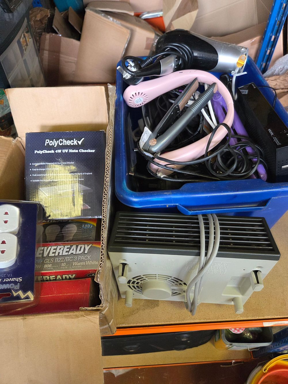 Lot 272 – One Box and One Crate of Small Electrical Appliances Including PolyCheck and Eveready