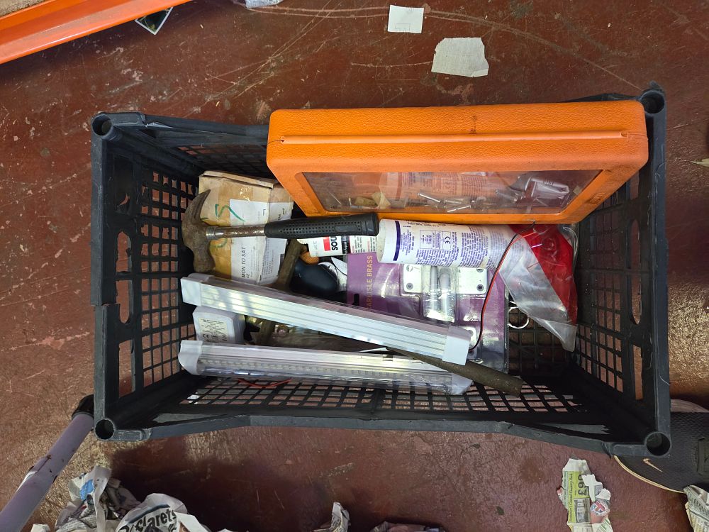 Lot 280 – One Crate of Hand Tools, Hardware, and Lighting Including Carlisle Brass