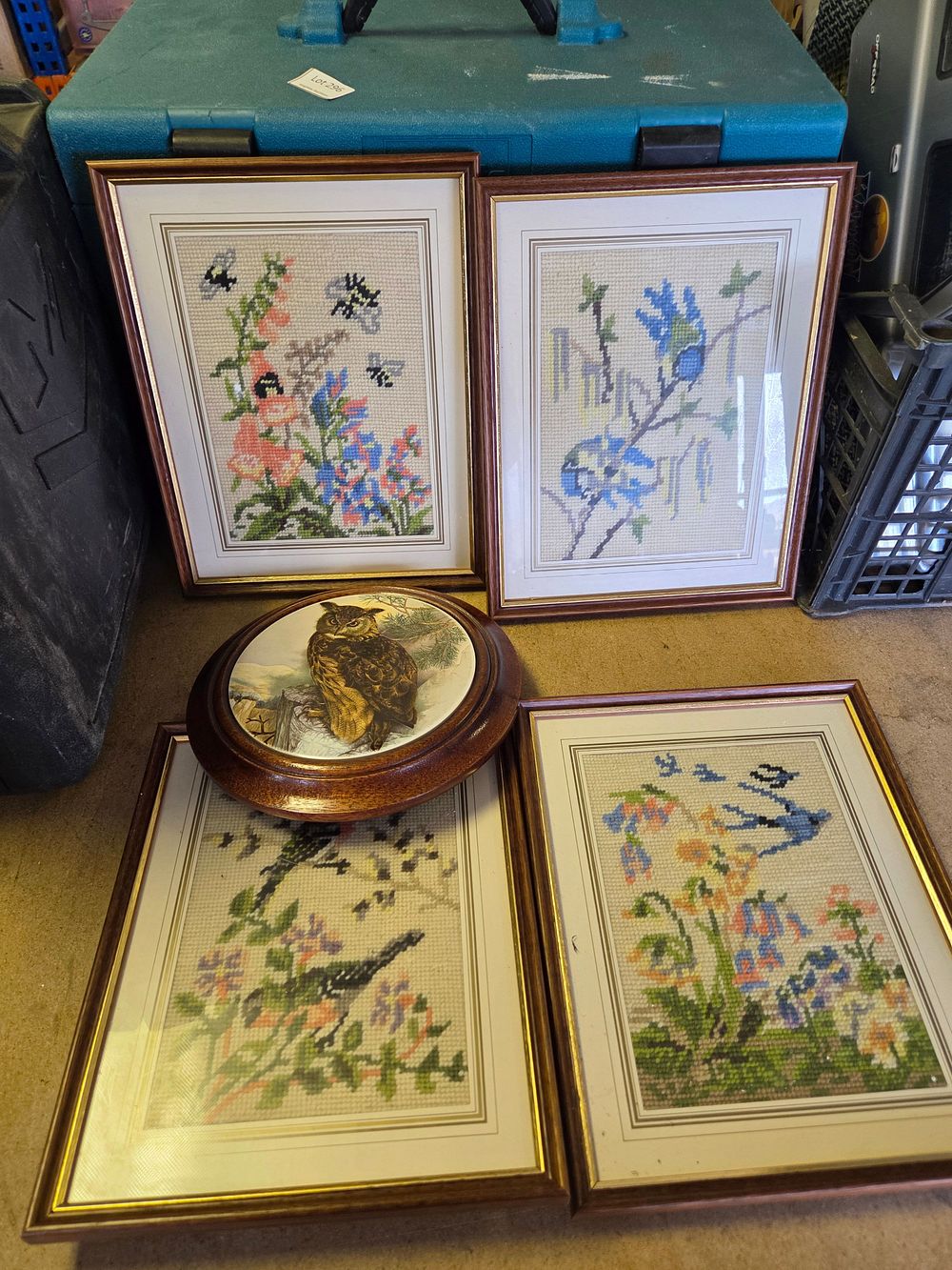 Lot 300 – A Collection of Framed Needlepoint Embroideries and a Circular Owl Wall Plaque