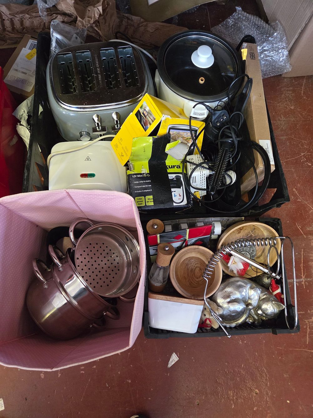 Lot 328 – Three Boxes of Household Kitchenware and Small Appliances Including Pura and BSI Kitemark