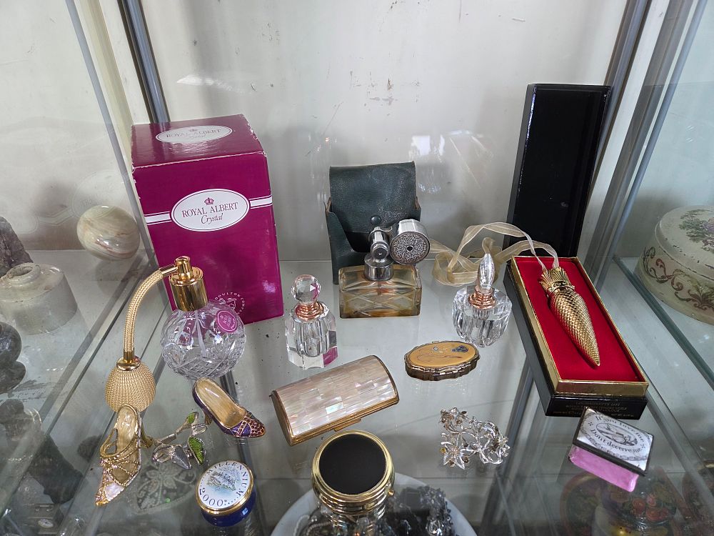 Lot 604 – A Collection of Vintage Glass and Crystal Perfume Bottles Including Royal Albert