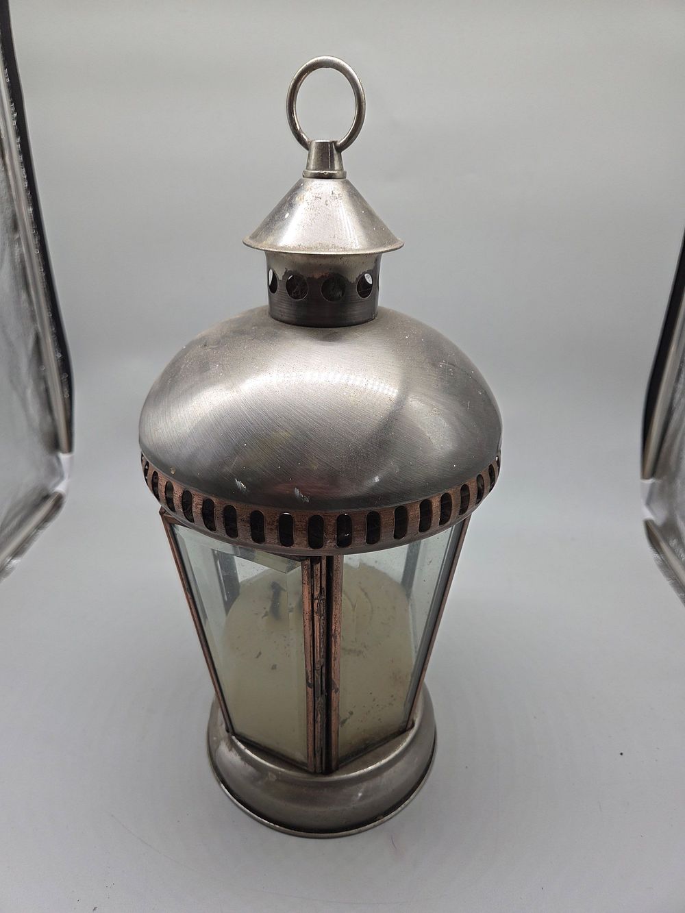 Lot 177 – Contemporary Brushed Metal and Glass Pillar Candle Lantern