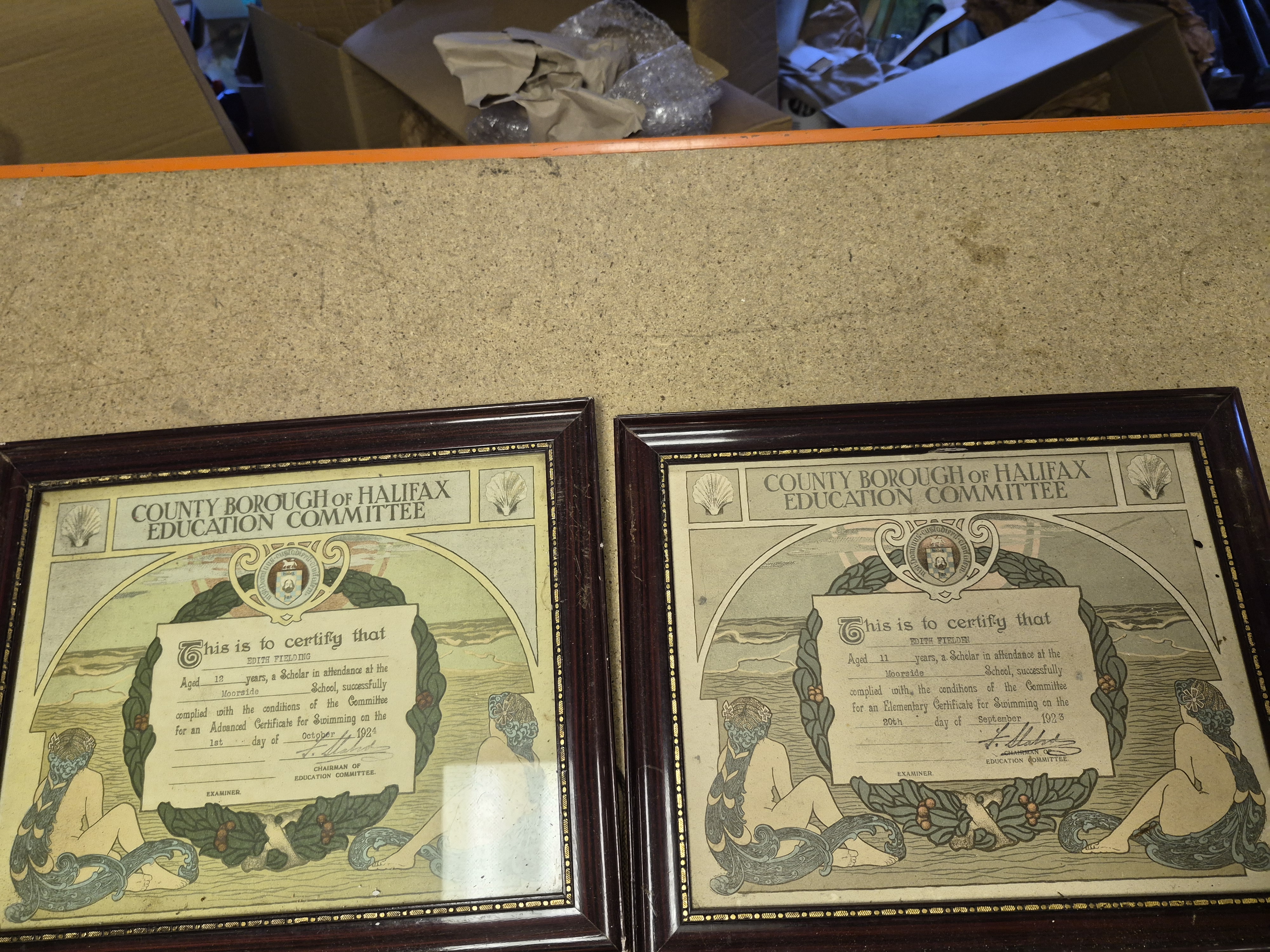 A Pair of Framed 1920s County Borough of Halifax Education Committee Swimming Certificates