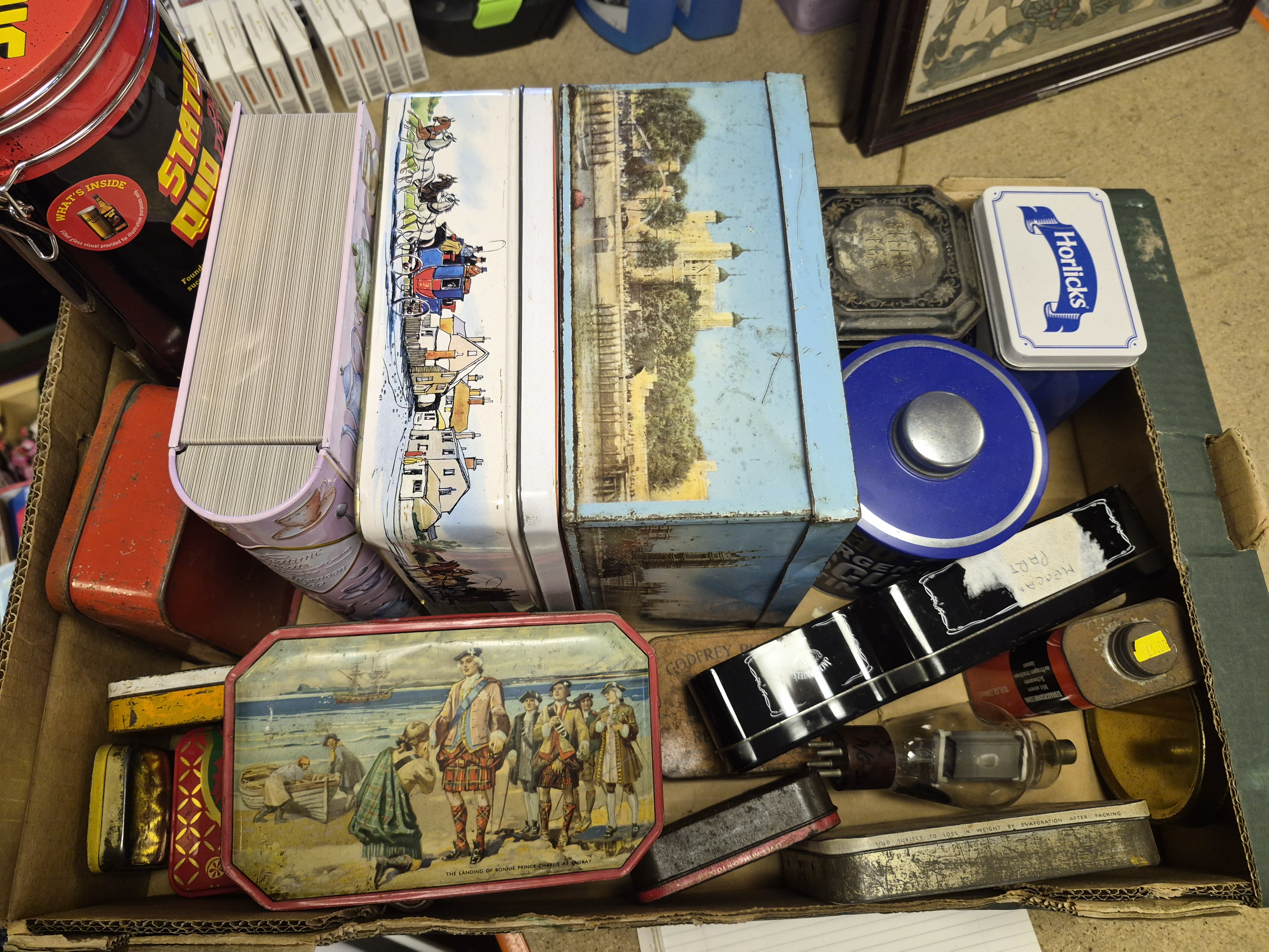 Box of Vintage Advertising and Decorative Tins Including Status Quo and Horlicks
