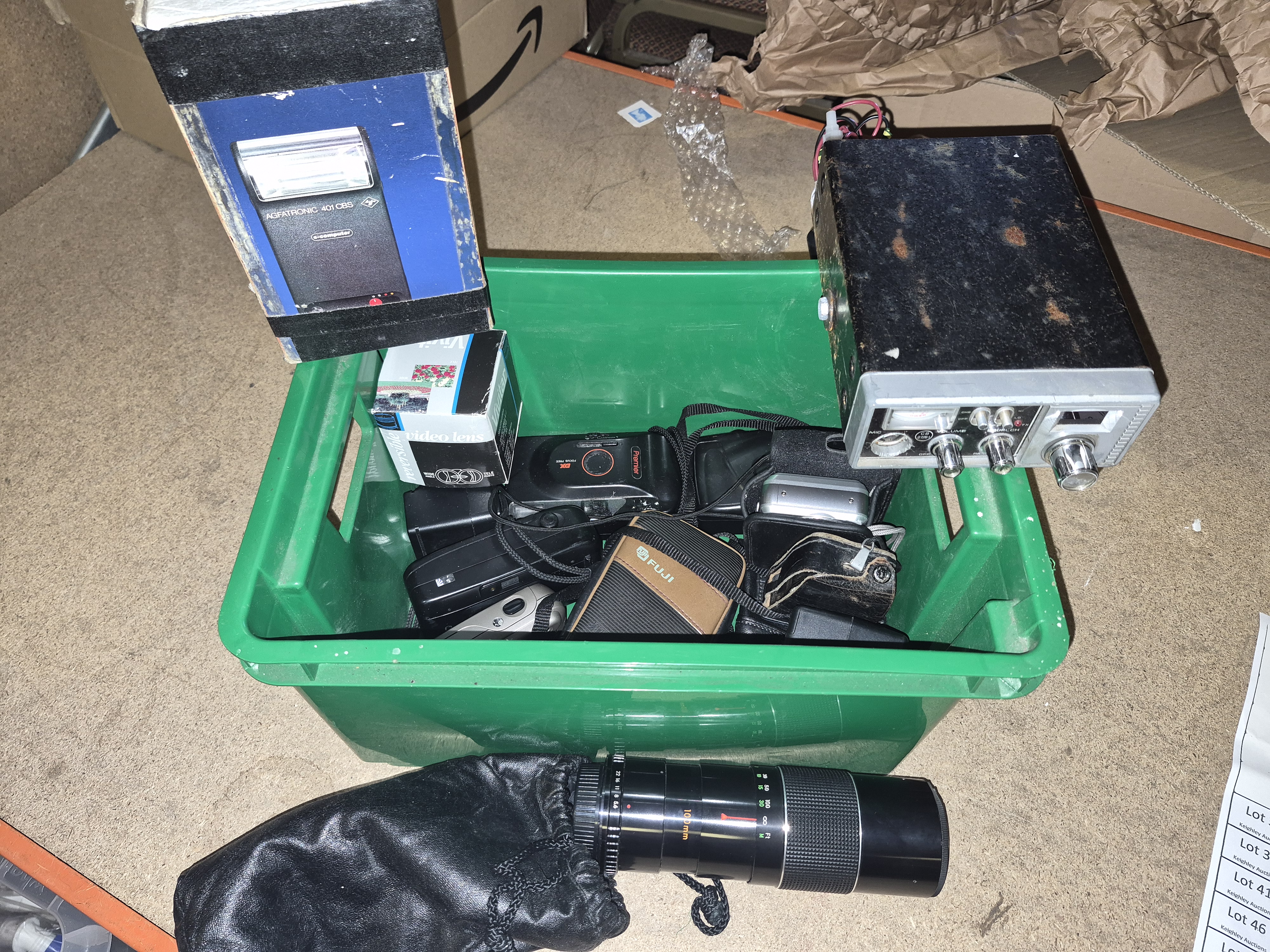Box of Vintage Cameras and Equipment Including Premier Fuji and Soligor