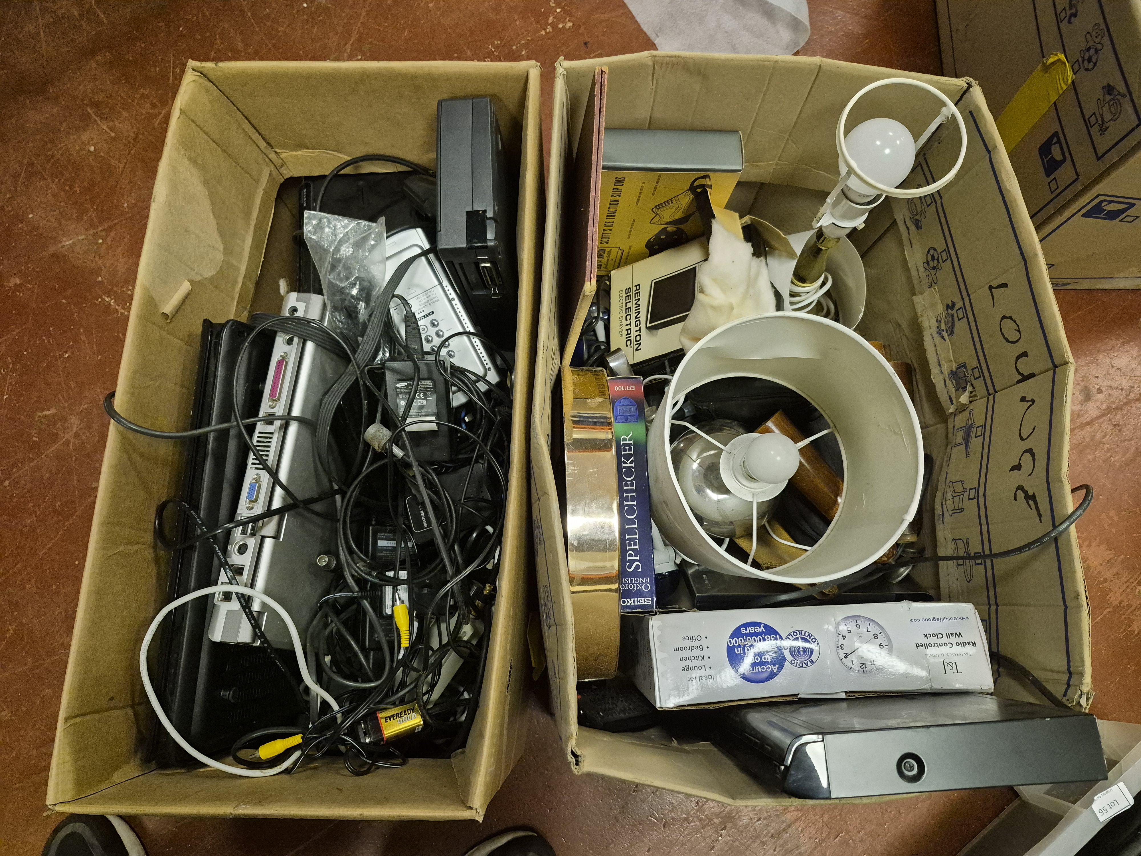 Two Boxes of Mixed Electrical and Household Goods Including Seiko T&L and Remington