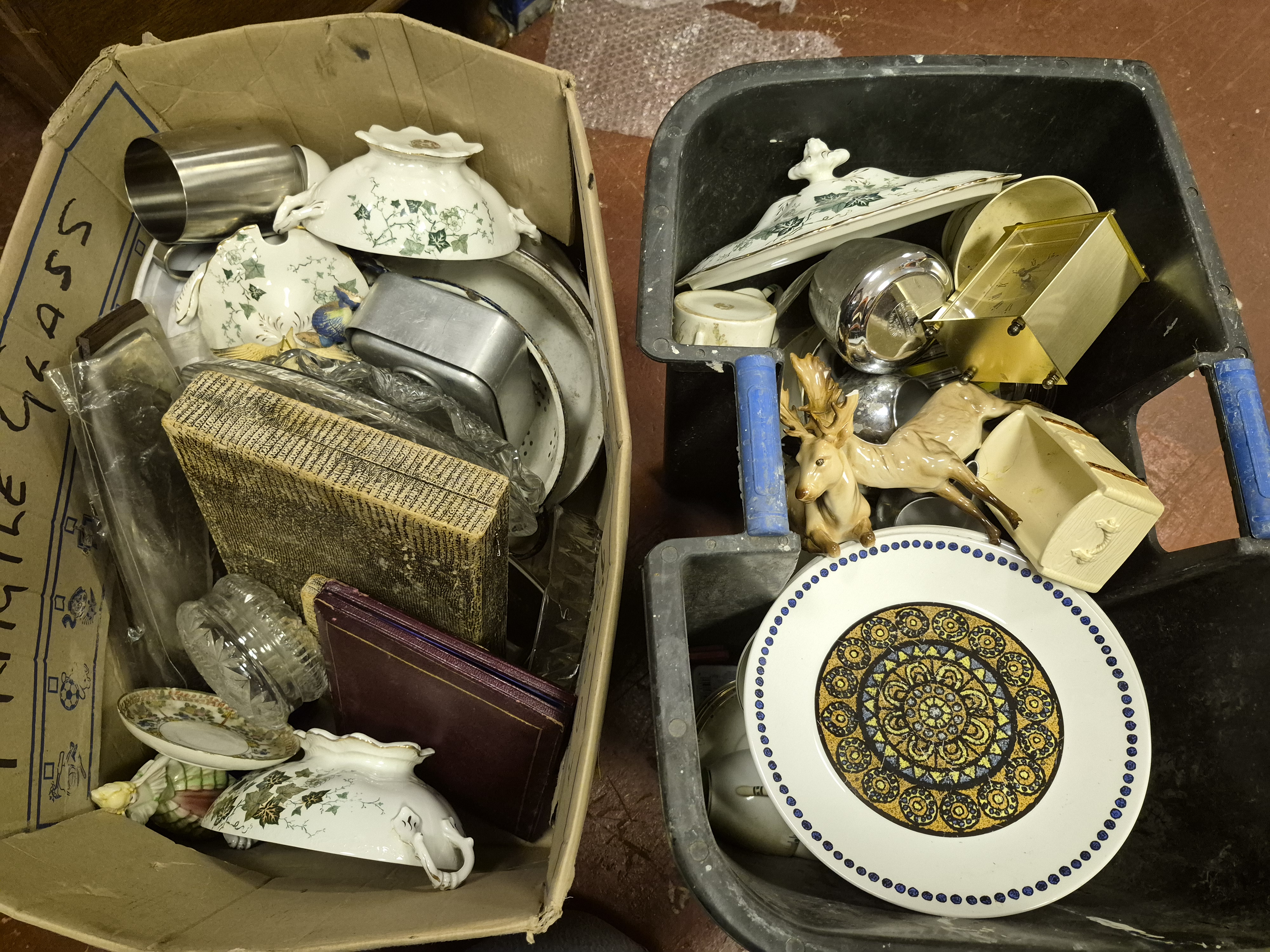 Two Boxes of Miscellaneous Ceramic and Metalware Collectables Including Stag Figurine