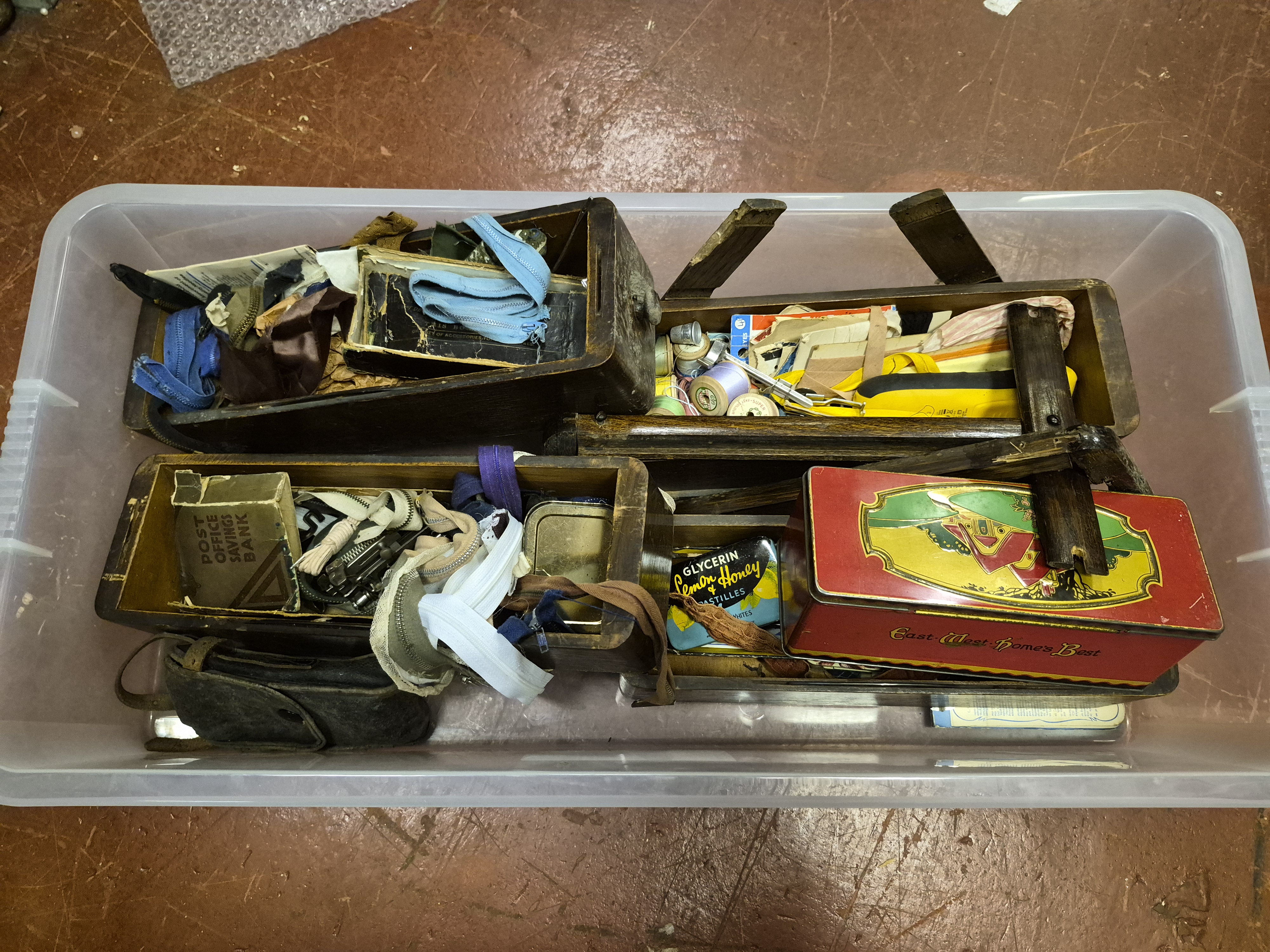 Box of Haberdashery and Collectables Including Sylko Thread and Vintage Tins
