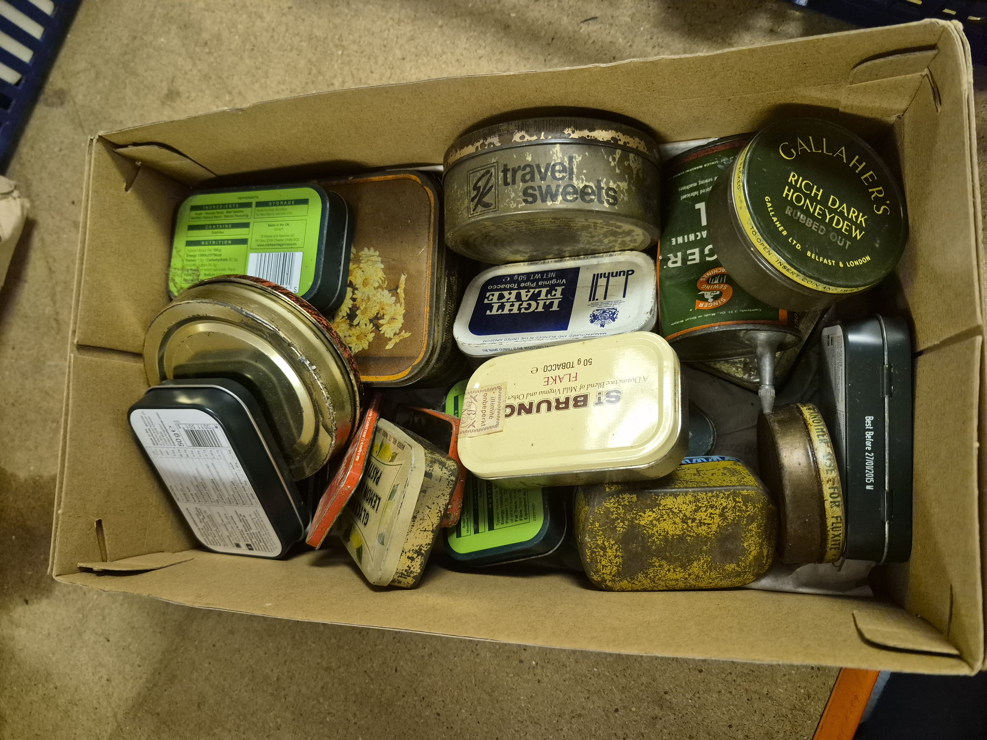 Box of Miscellaneous Advertising Tins Including Gallaher's Dunhill and Singer