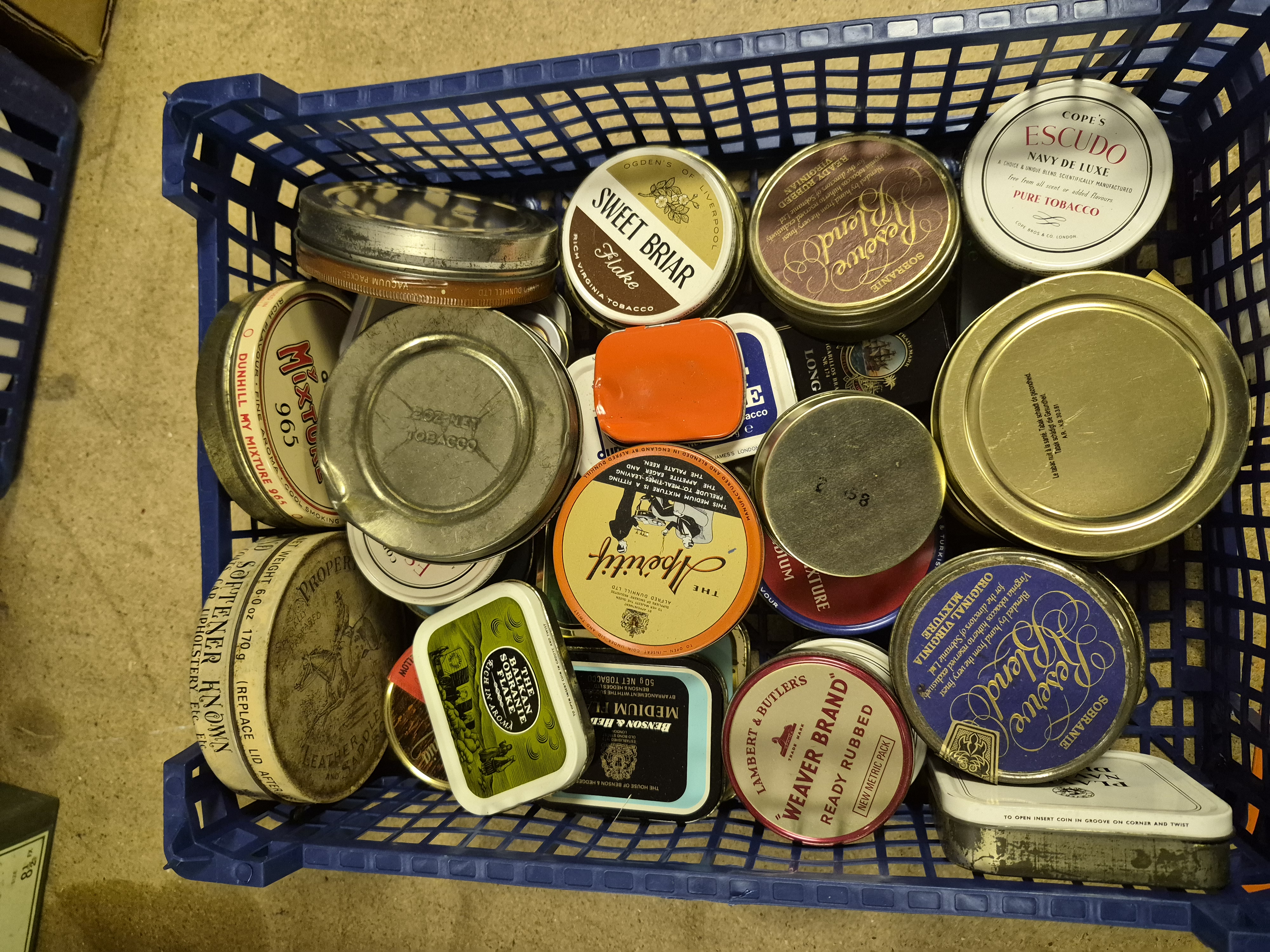 Basket of Vintage Tobacco Tins and Leather Care Tins Including Dunhill and Sobranie