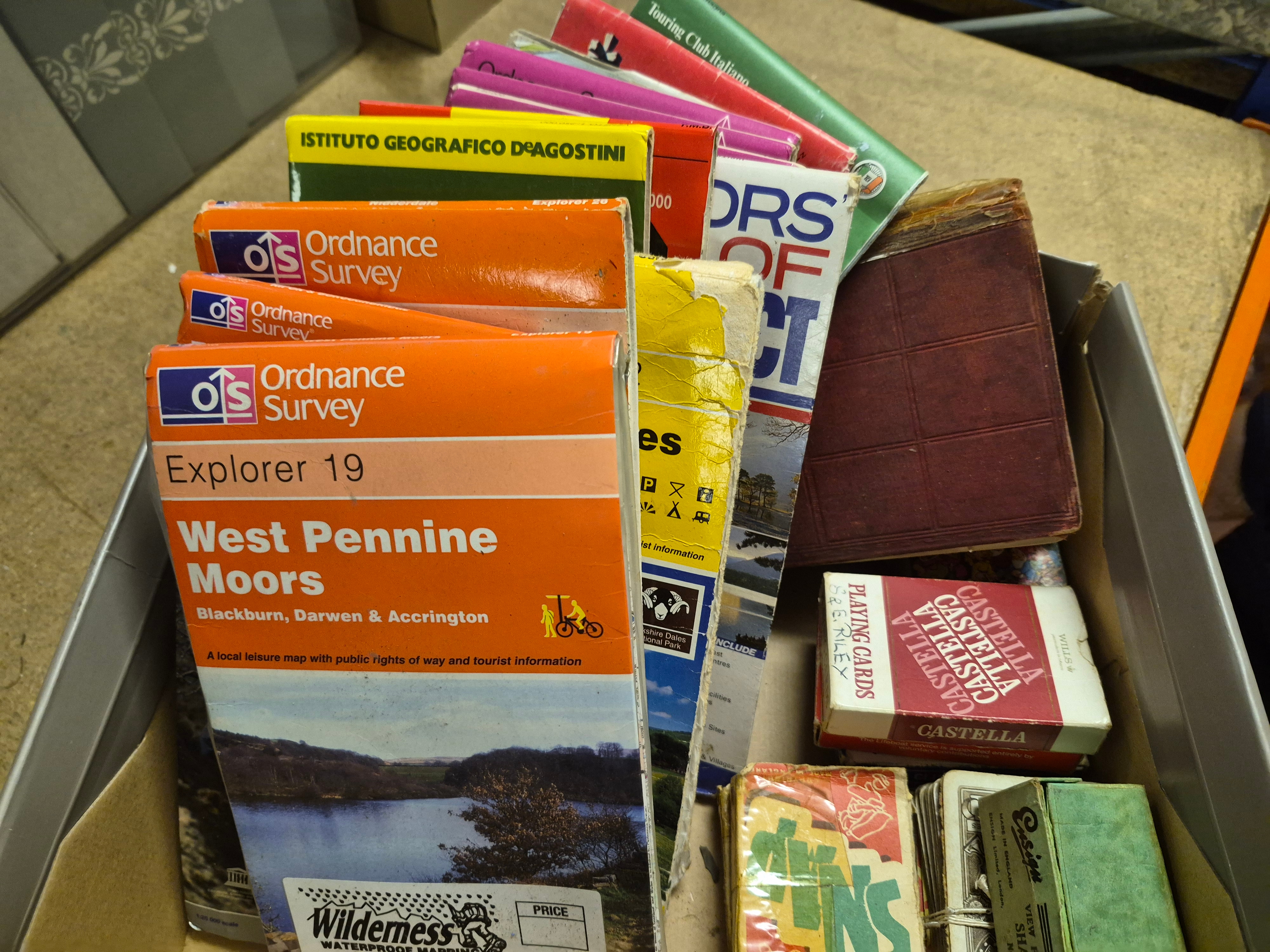 Box of Vintage Maps and Collectables Including Ordnance Survey Explorer and Castella Playing Cards