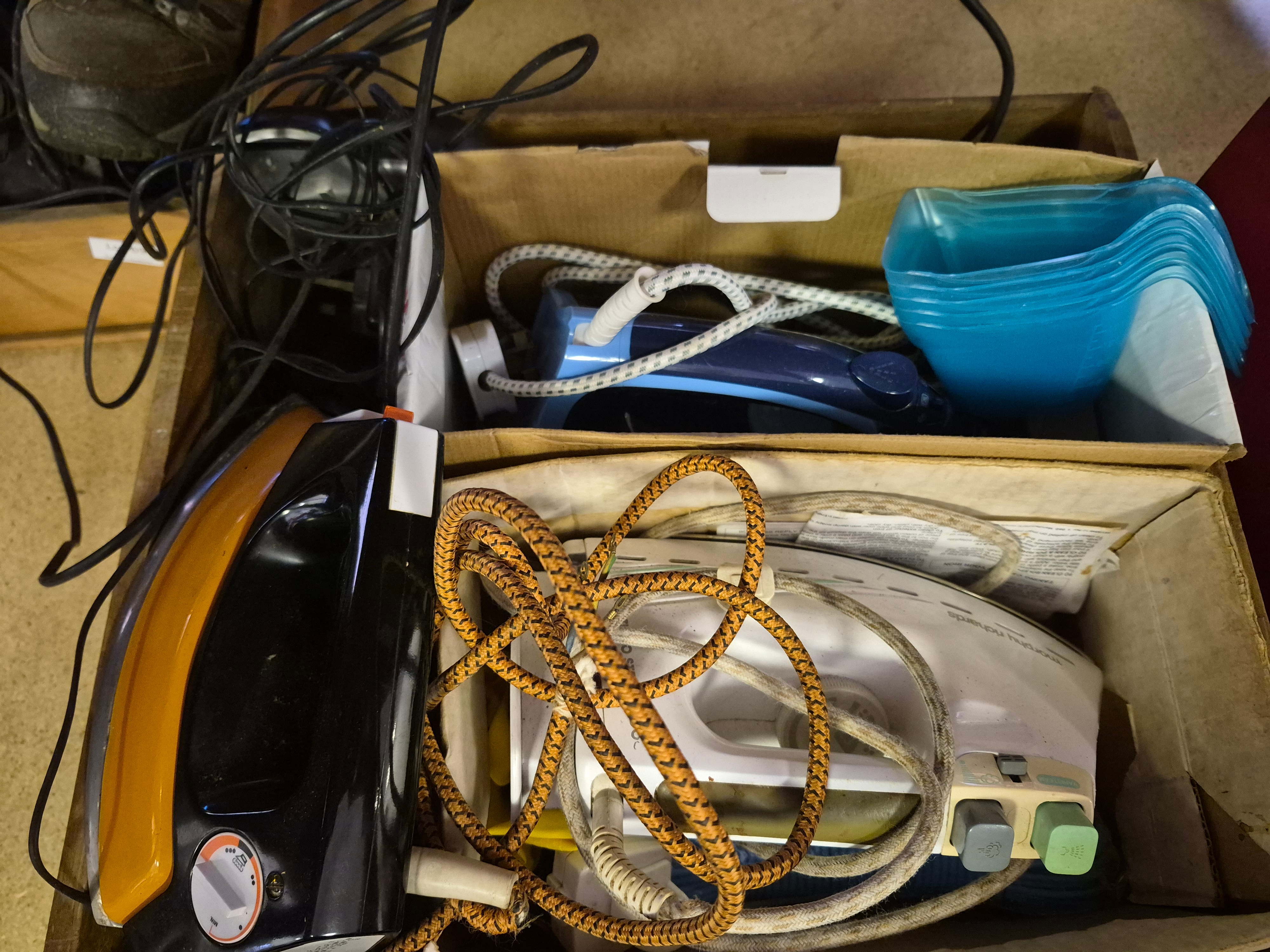 Two Boxes of Domestic Steam Irons and Accessories Including Morphy Richards