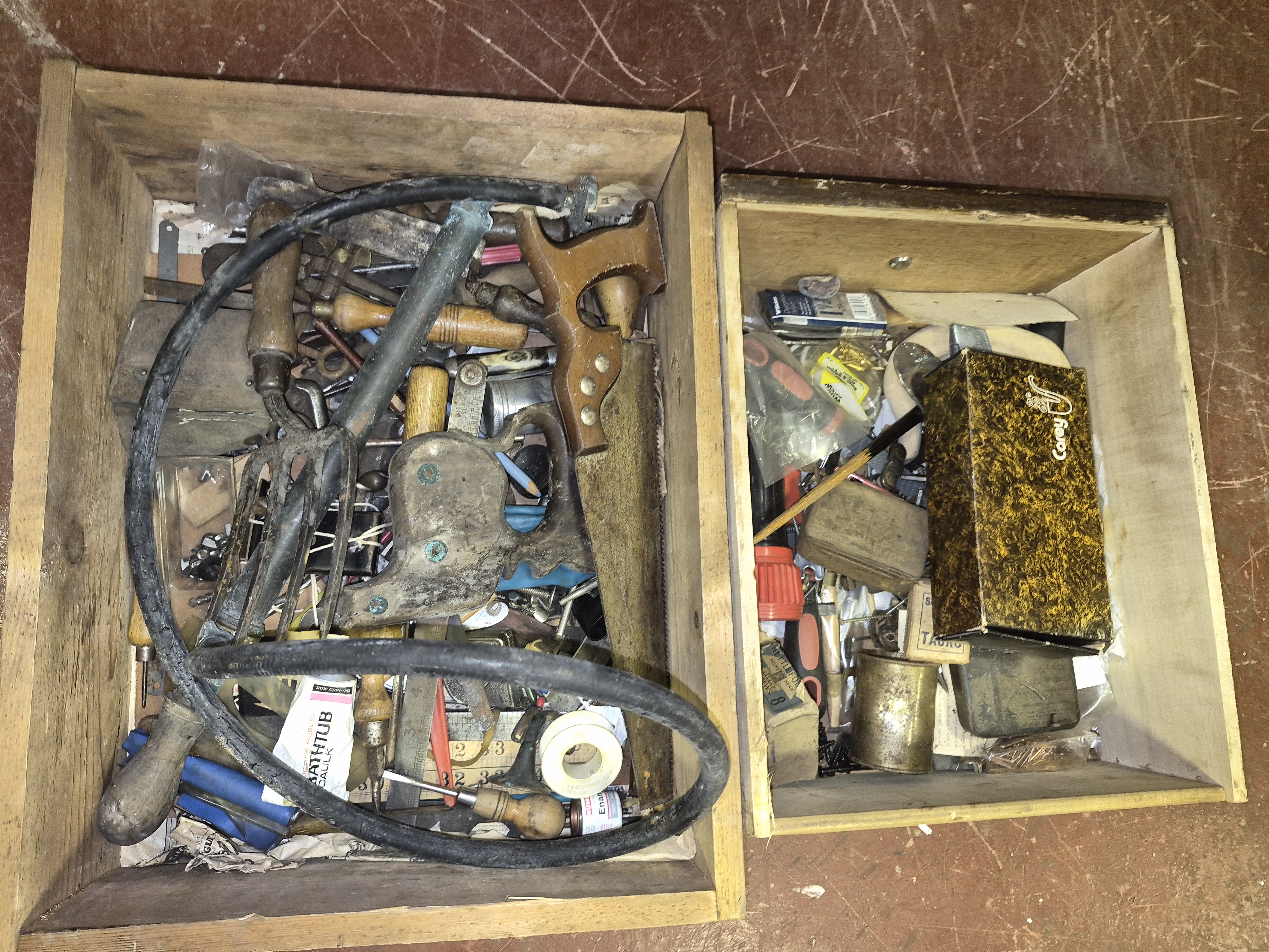 Two Boxes of Miscellaneous Vintage Hand Tools and Hardware Including Dow Corning and Carey
