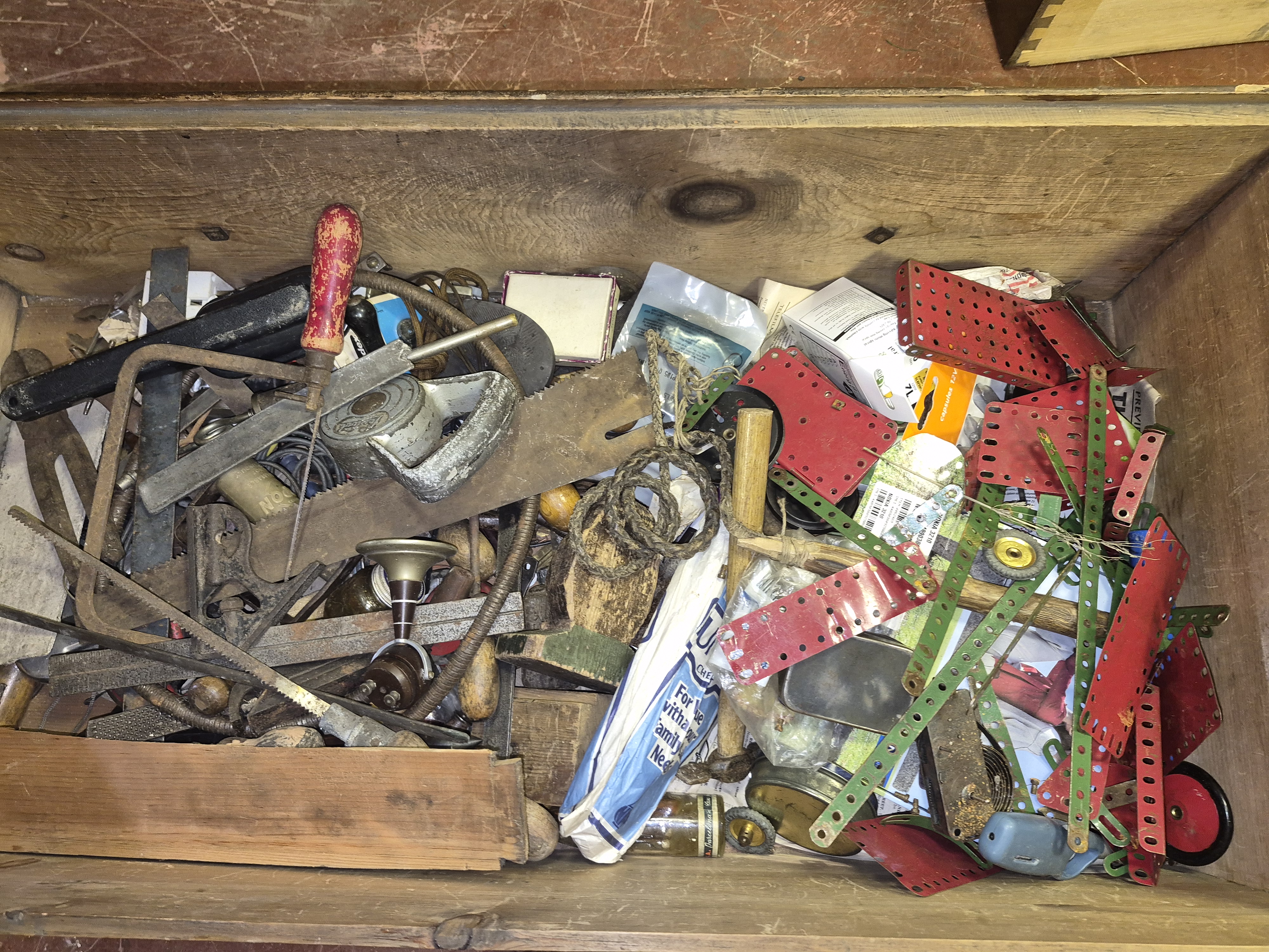Wooden Box of Mixed Workshop Hand Tools and Construction Set Components