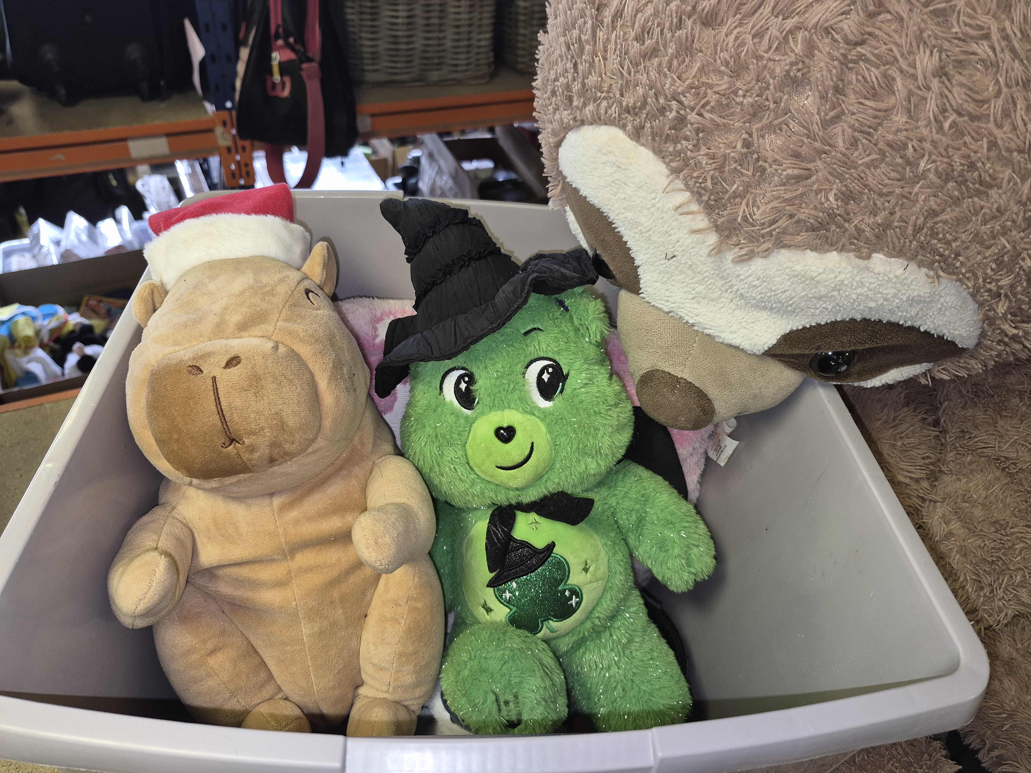 Box of Soft Toys Including Care Bears and Large Sloth