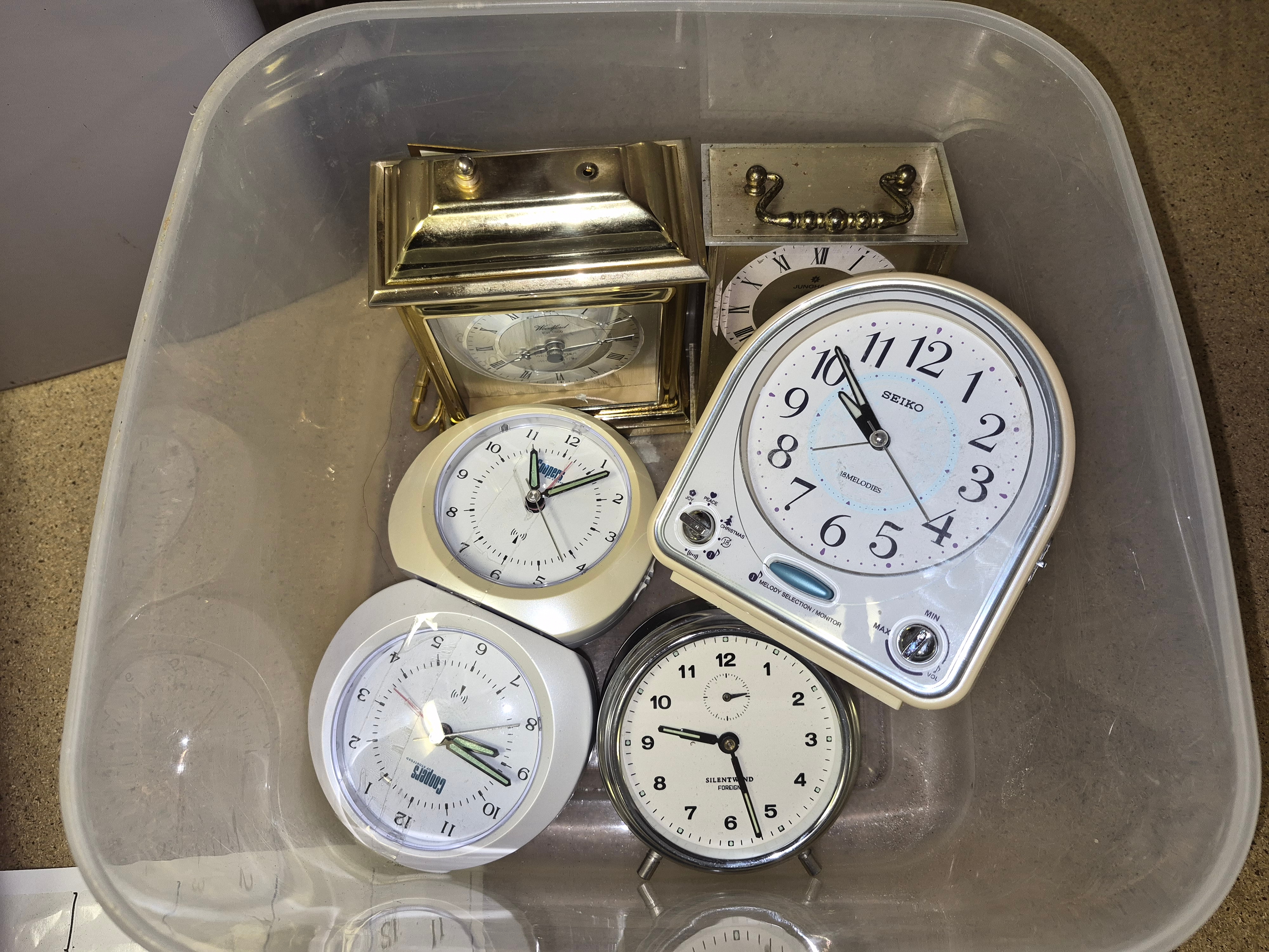 Box of Assorted Clocks Including Seiko, Winsford, and Junghans
