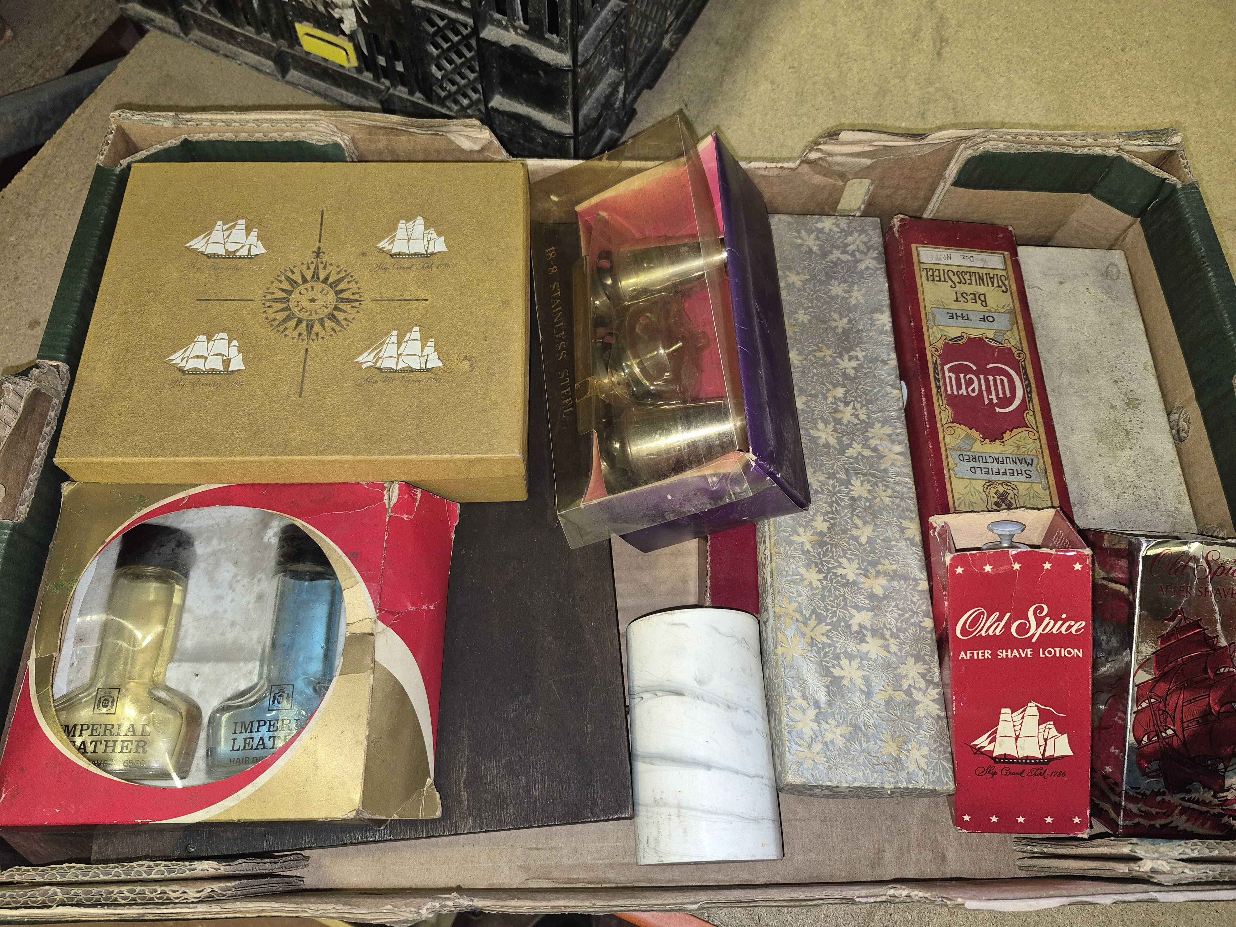 Box of Vintage Men's Grooming Products and Household Items Including Old Spice and Imperial Leather