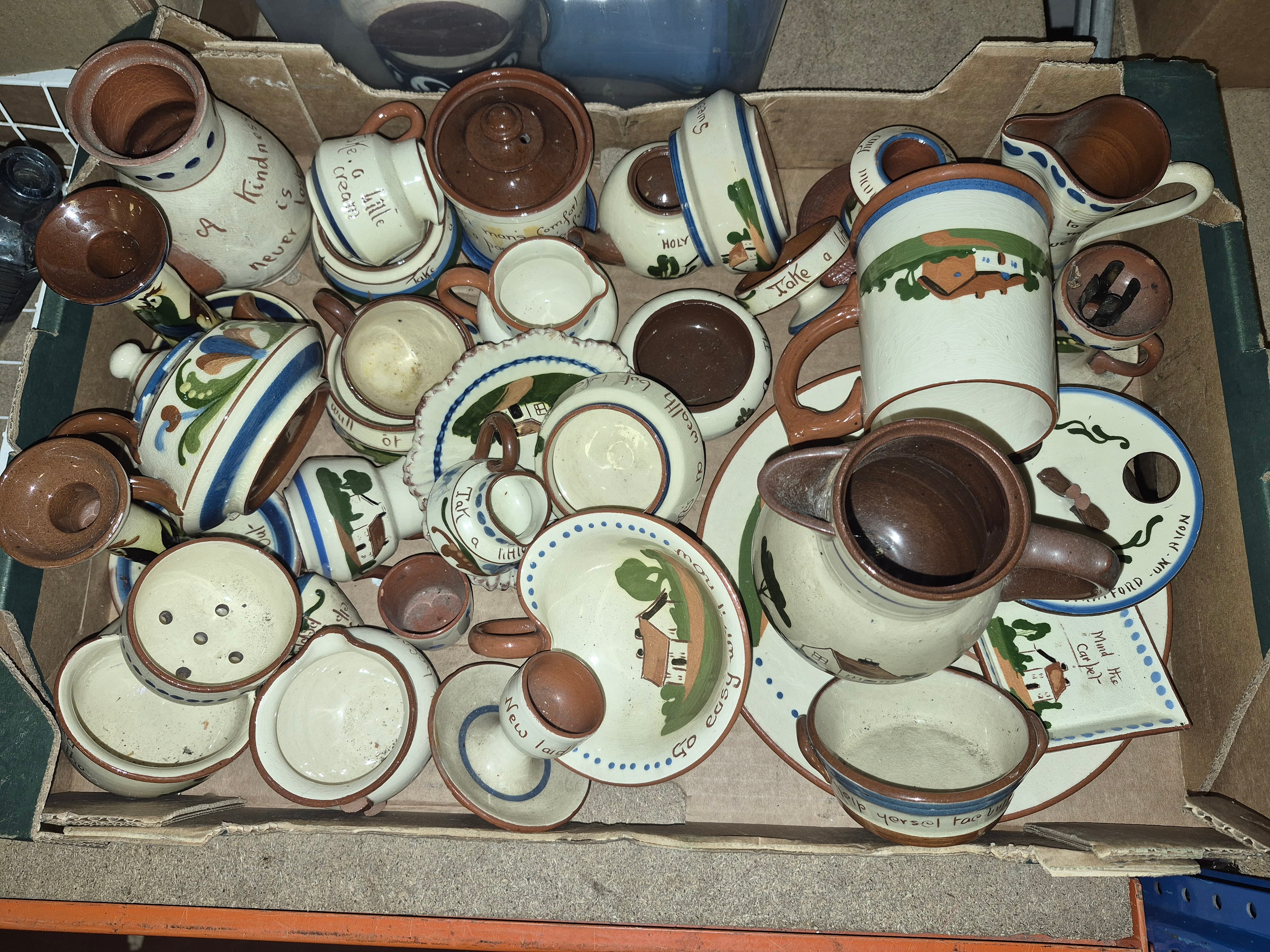 Box of Devon Motto Ware Including Dartmouth Pottery
