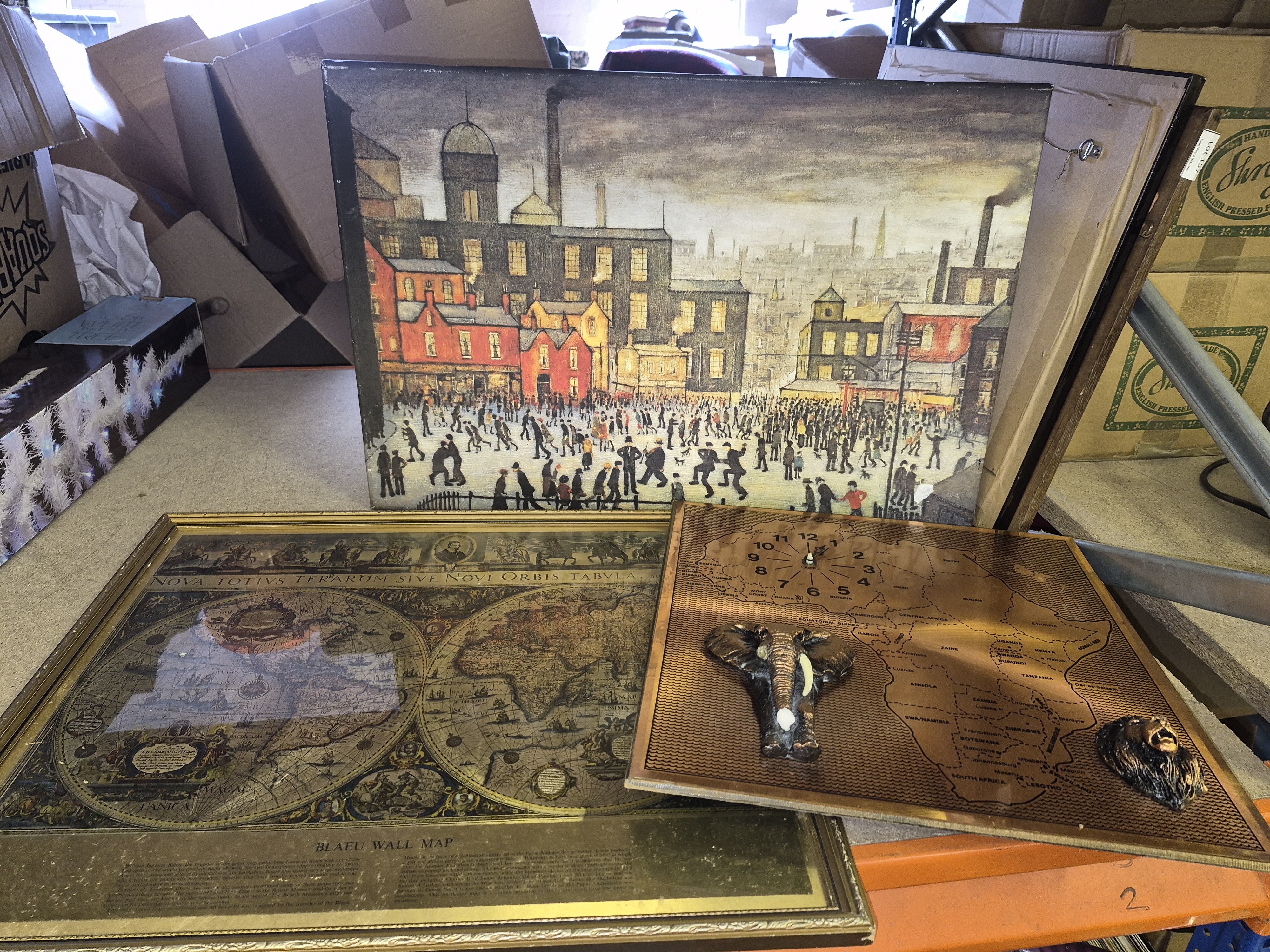 A Selection of Decorative Wall Art Including Blaeu Wall Map and LS Lowry Print