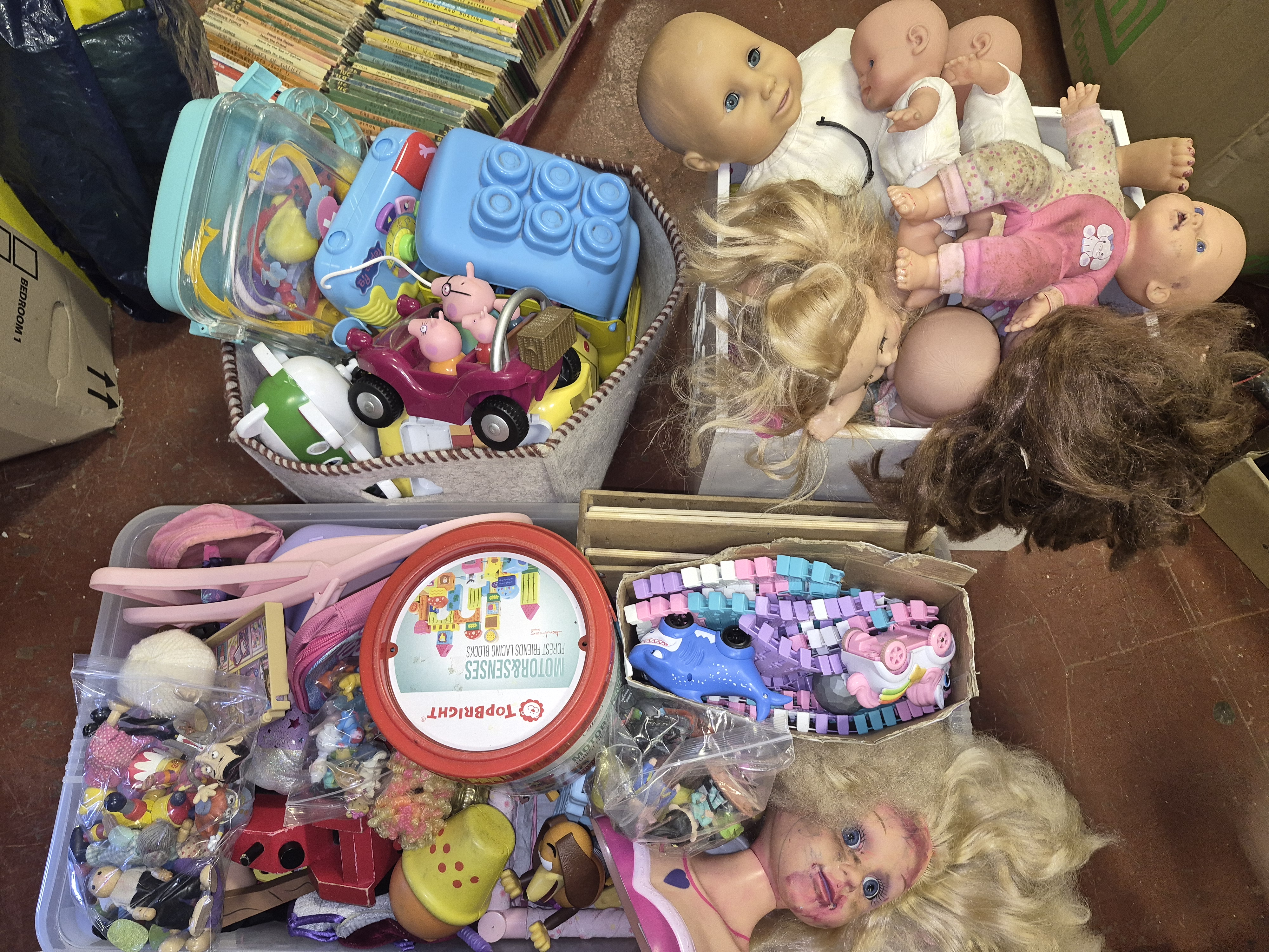 Three Boxes of Childrens Toys and Books Including Peppa Pig and Topbright