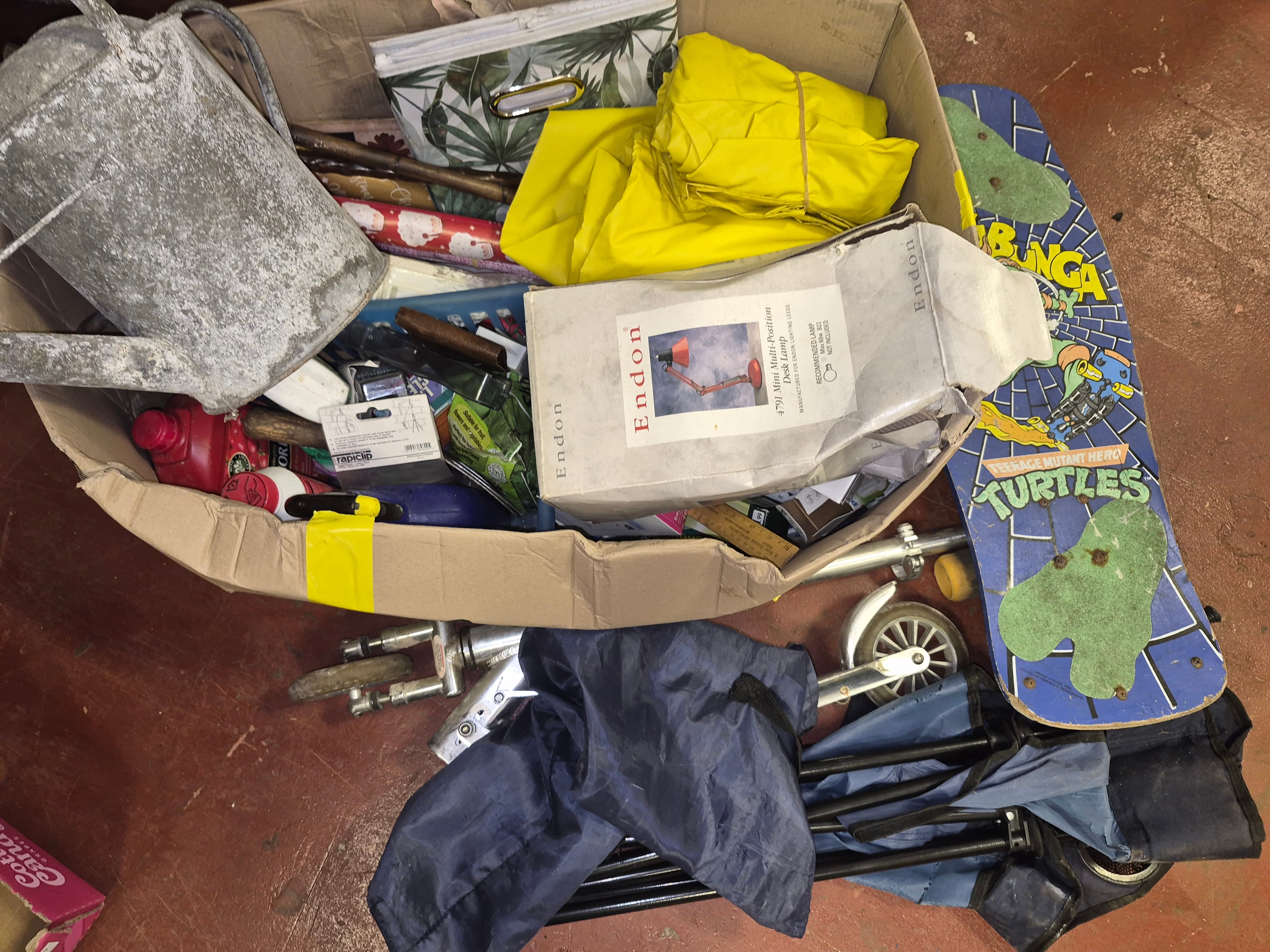 A Large Box of Miscellaneous Household Goods Including Endon Lamp and Teenage Mutant Hero Turtles Skateboard