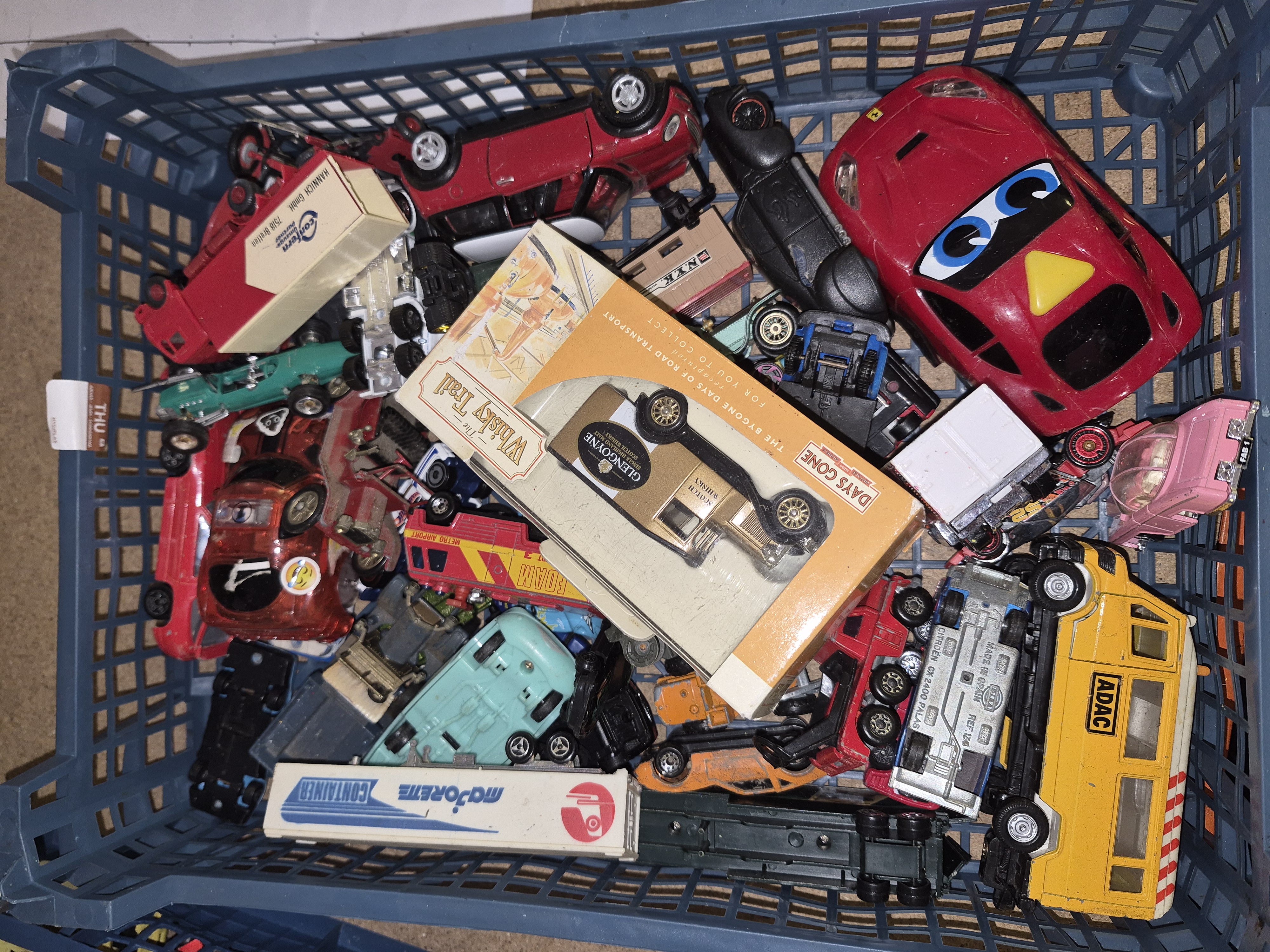 Crate of Miscellaneous Diecast and Plastic Toy Vehicles Including Majorette and Lledo