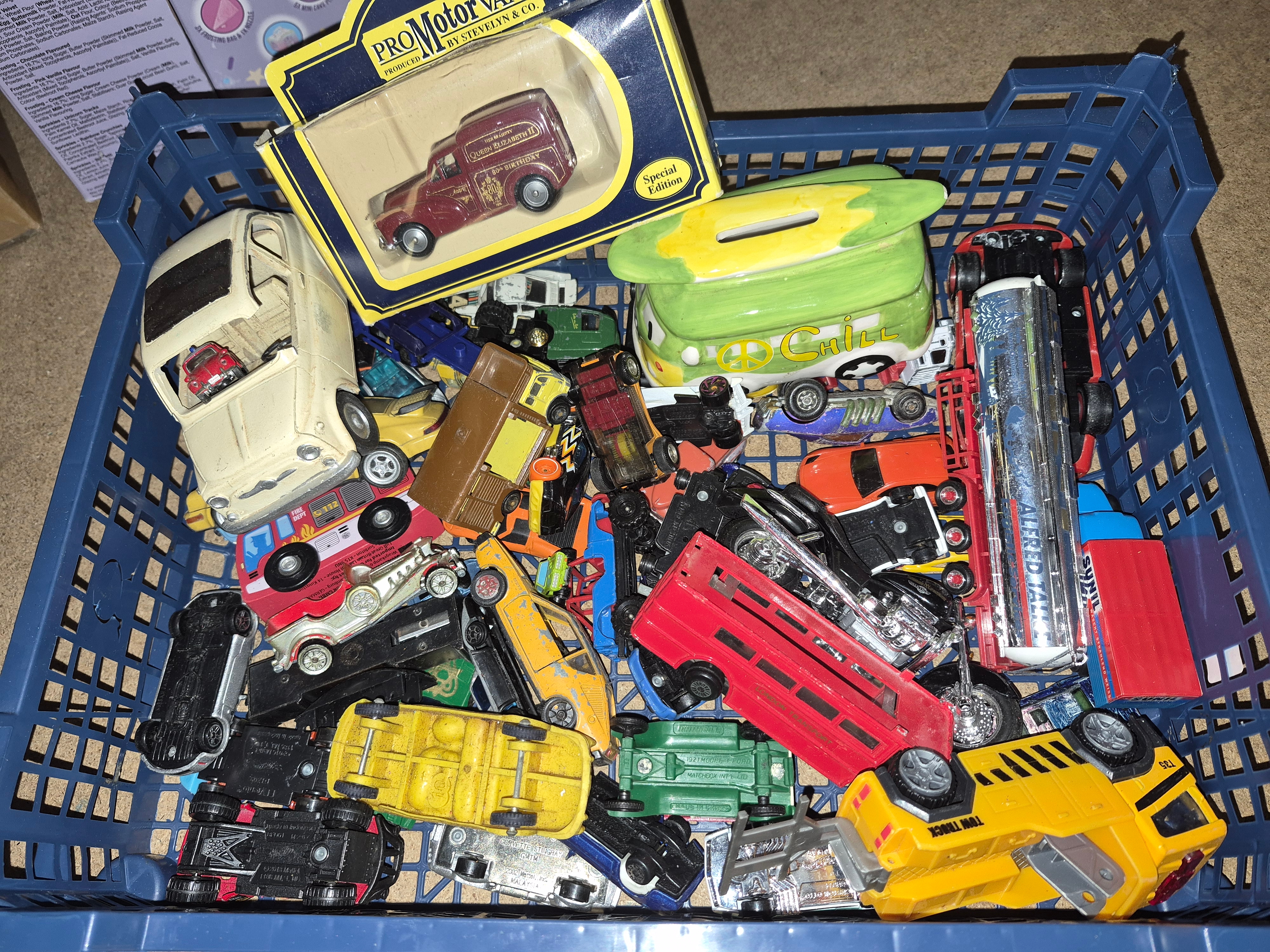 Crate of Miscellaneous Die-Cast Toy Vehicles and Collectables Including Matchbox and ProMotorvan