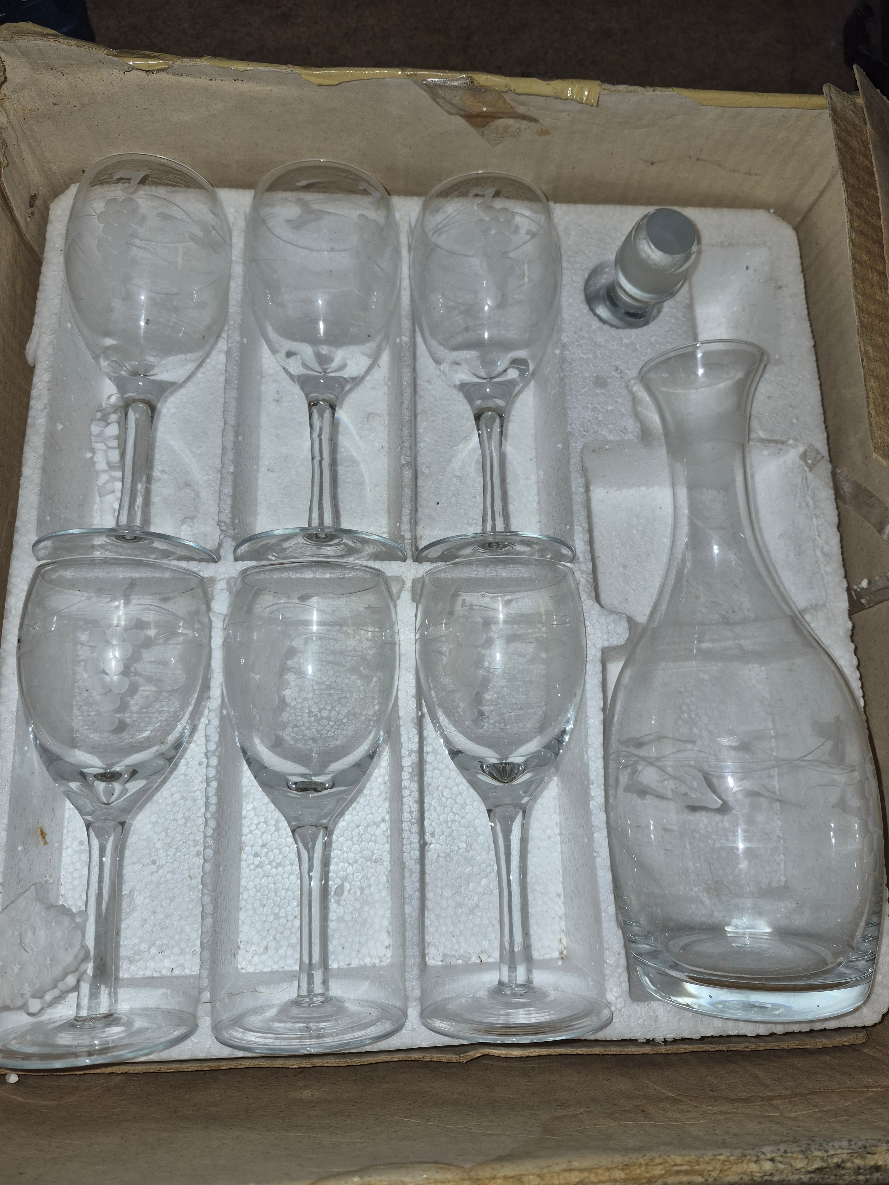 Boxed Etched Wine Glasses and Decanter