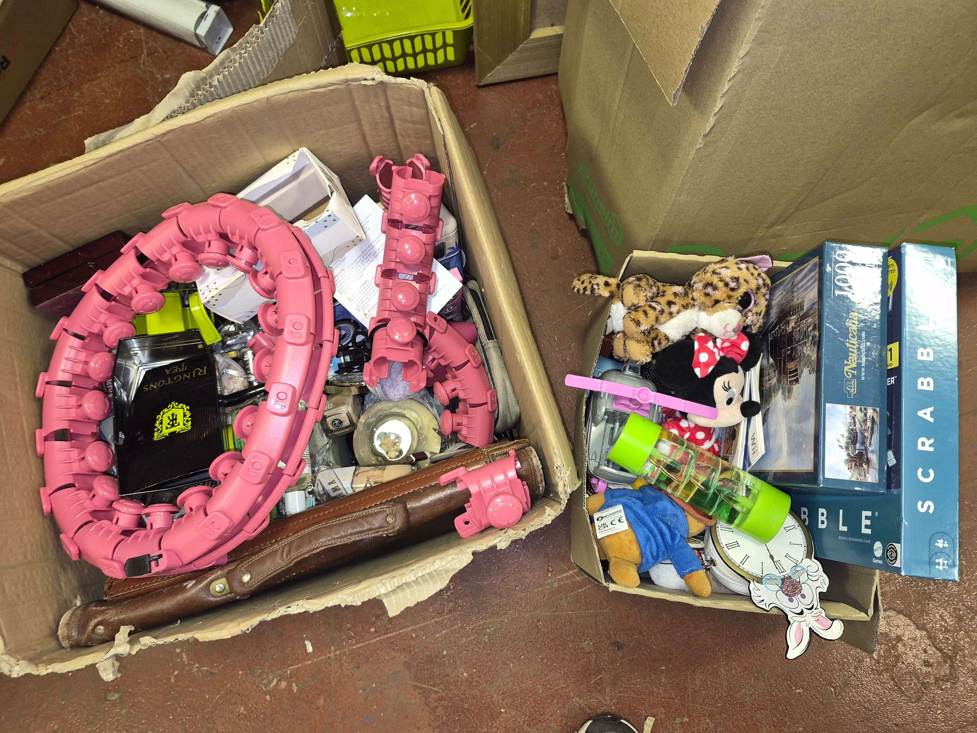 Two Boxes of Mixed Household Goods and Collectables Including Mattel Scrabble and Ringtons
