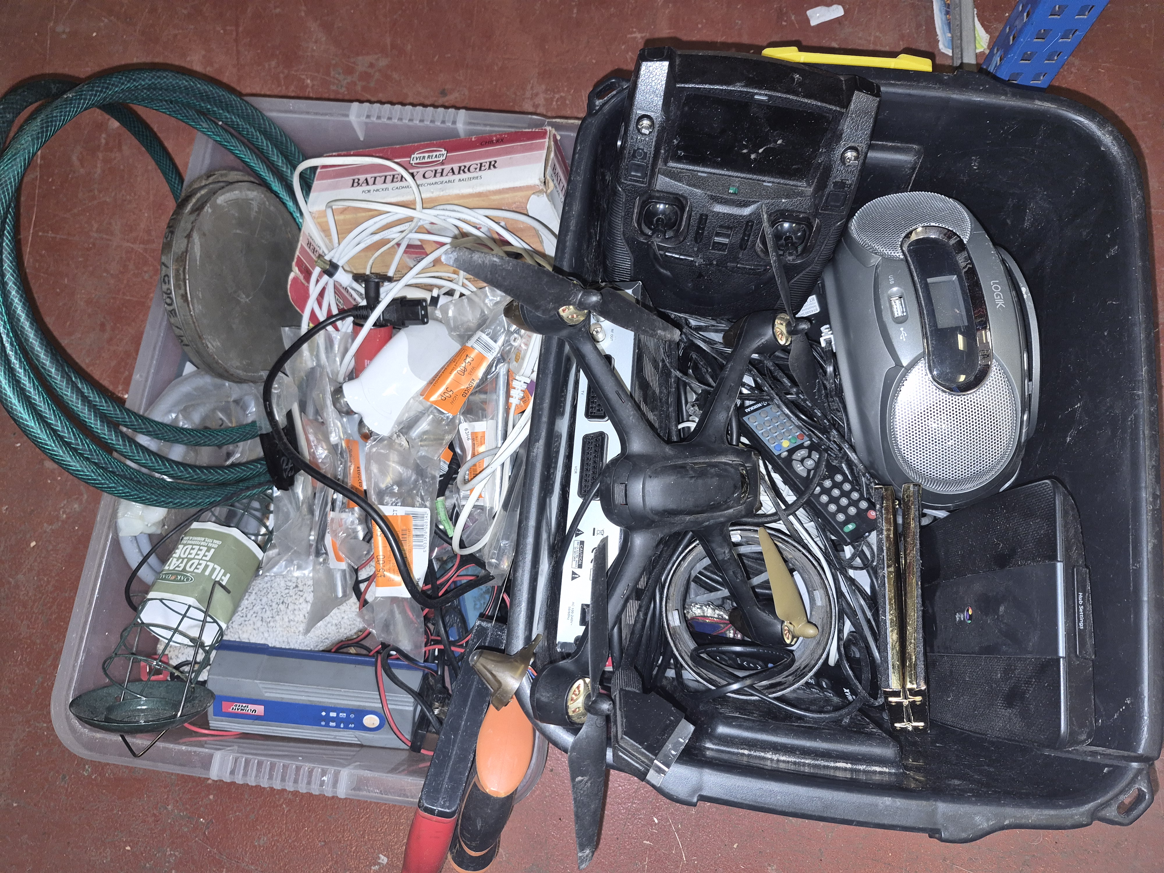 Two Boxes of Mixed Electronics and Domestic Sundries Including Logik and Sky