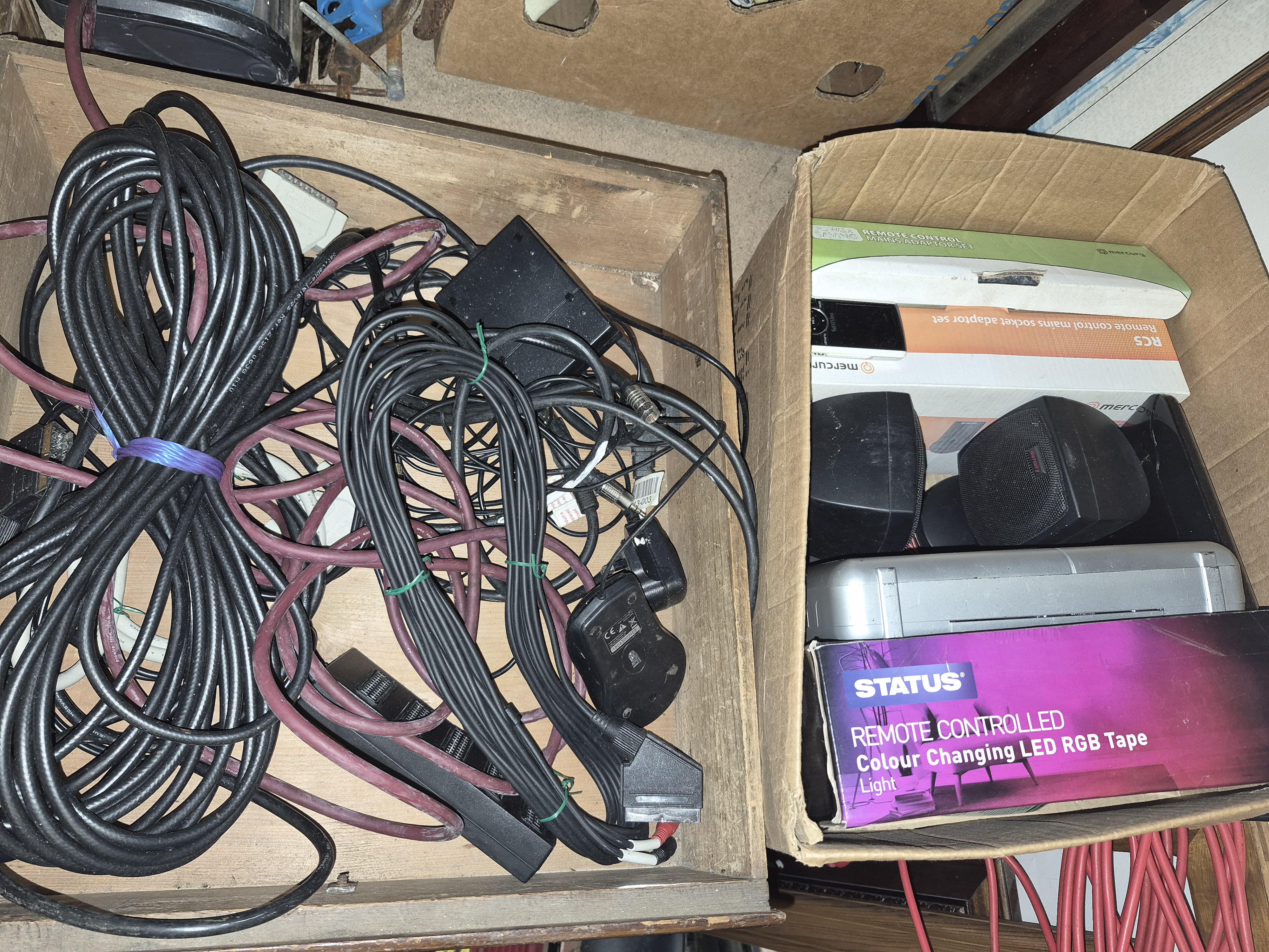 Two Boxes of Consumer Electronics and Cabling Including Status and Mercury