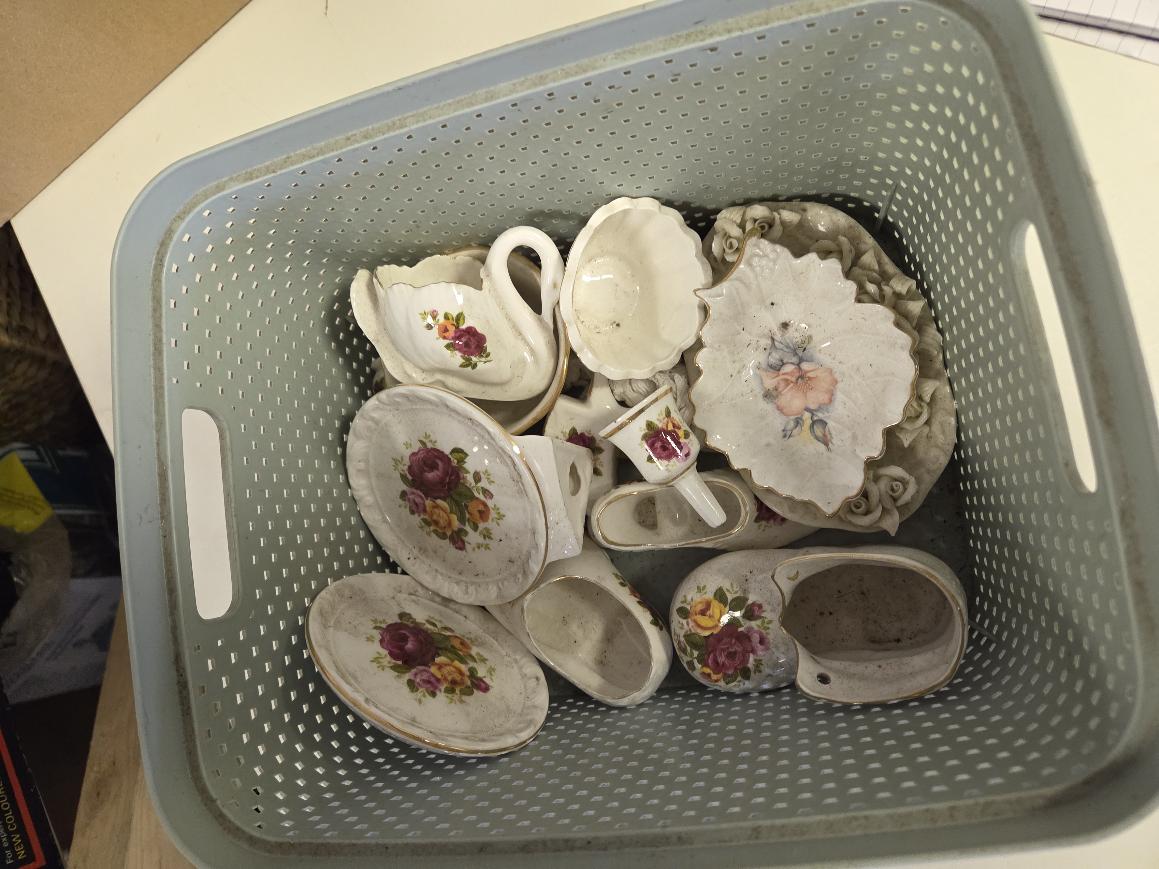 One Basket of Miscellaneous Miniature Bone China Ornaments Including Swan-Form Vase and Pin Dishes