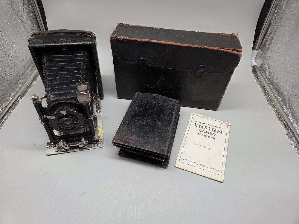 Lot 227 – Ensign Cameo Folding Plate Camera Including Aldis Uno Lens and Accessories