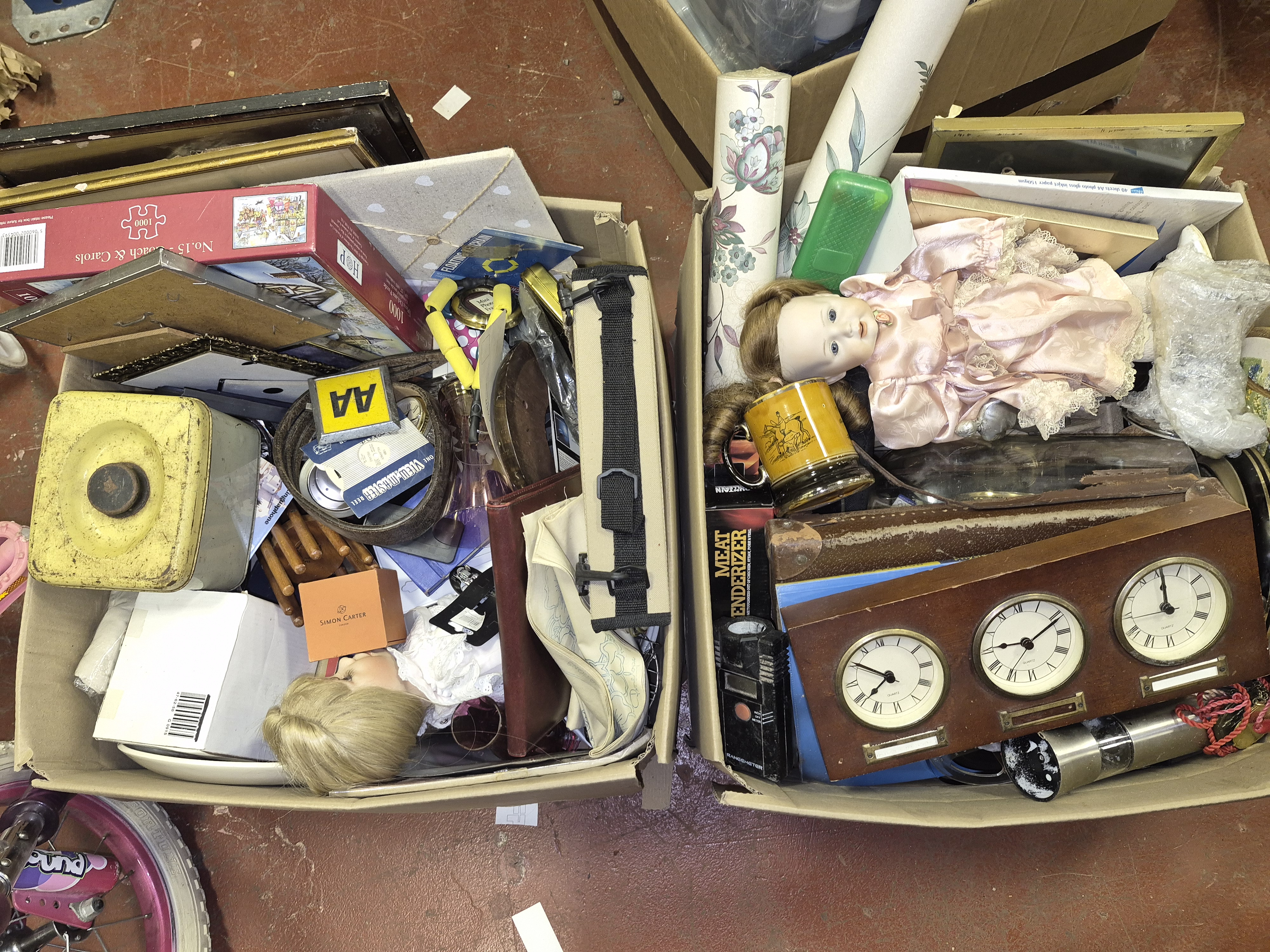 Two Boxes of Miscellaneous Collectables Including Simon Carter and Triple Dial Clock