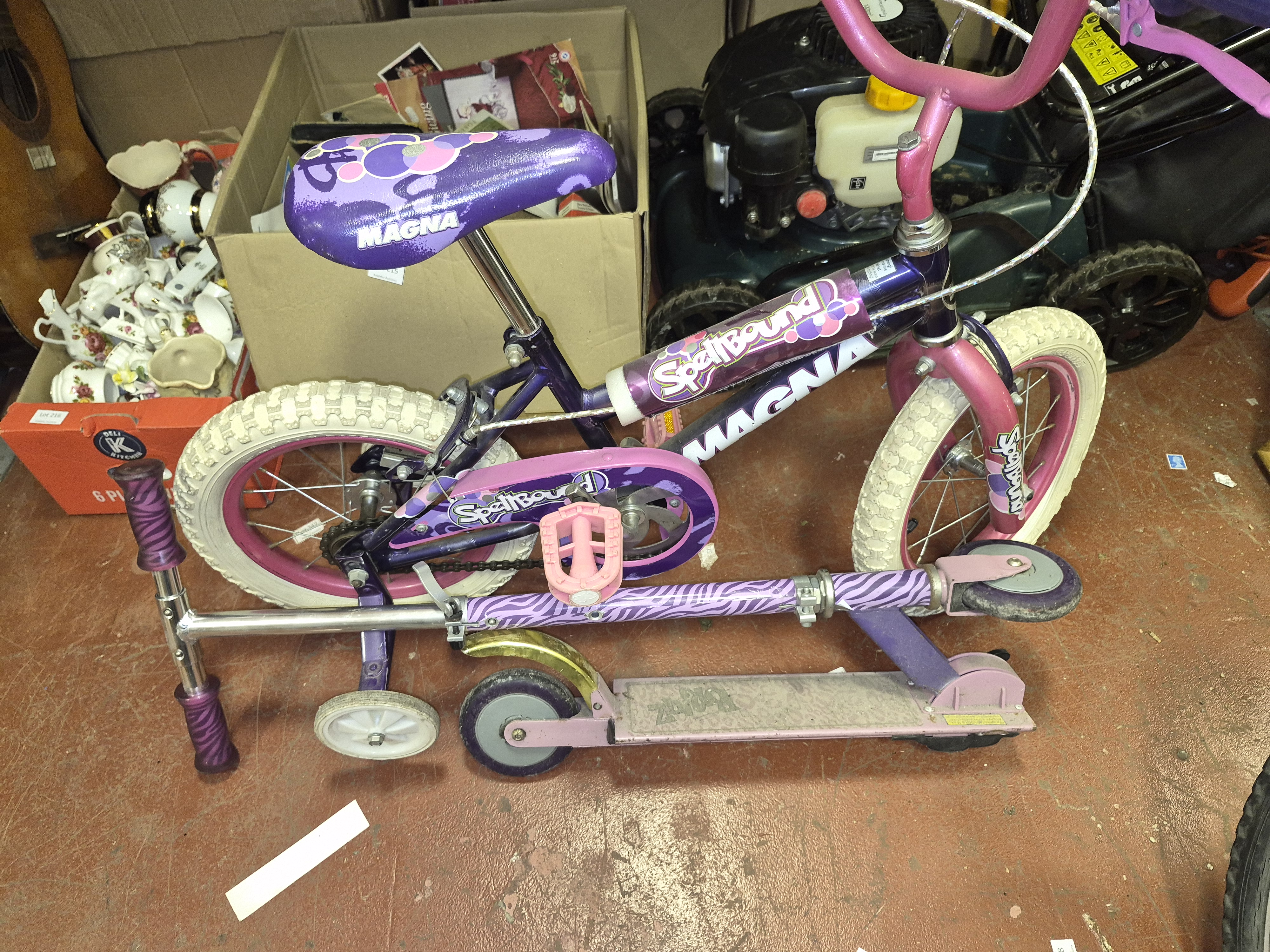 A Selection of Children's Outdoor Toys Including Magna Spellbound Bicycle and Zinc Folding Scooter