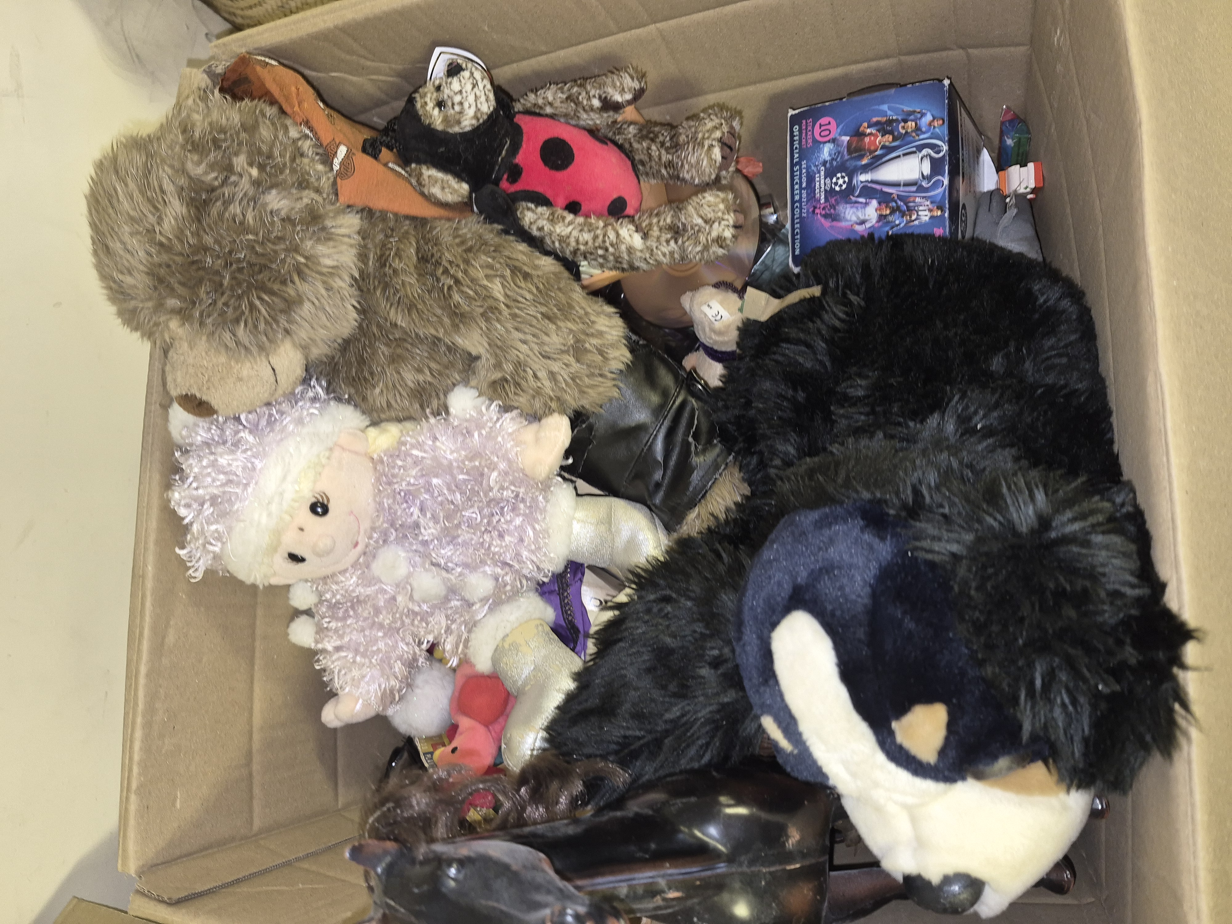 Box of Miscellaneous Soft Toys and Collectables Including Champions League Sticker Collection