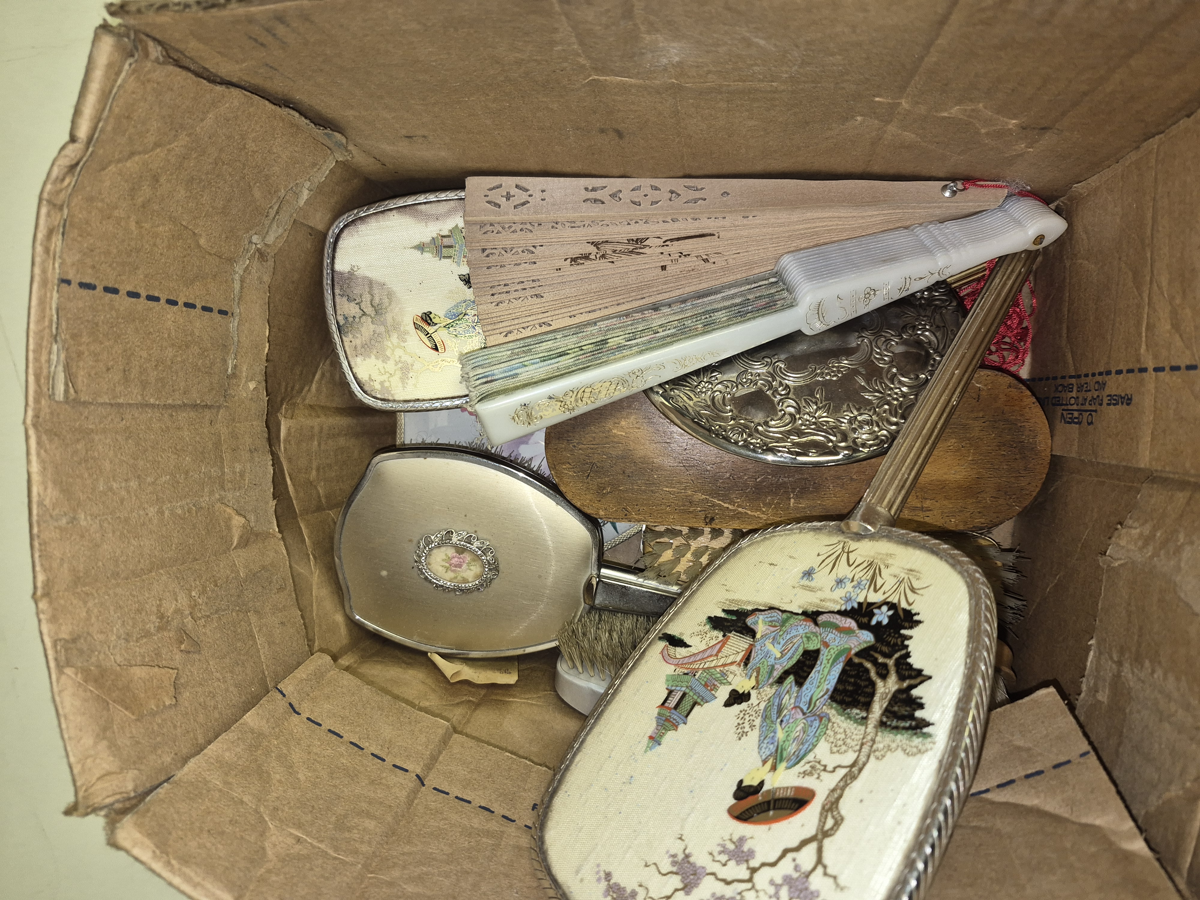 Box of Vintage Vanity Collectables Including Petit Point Brushes and Folding Fans