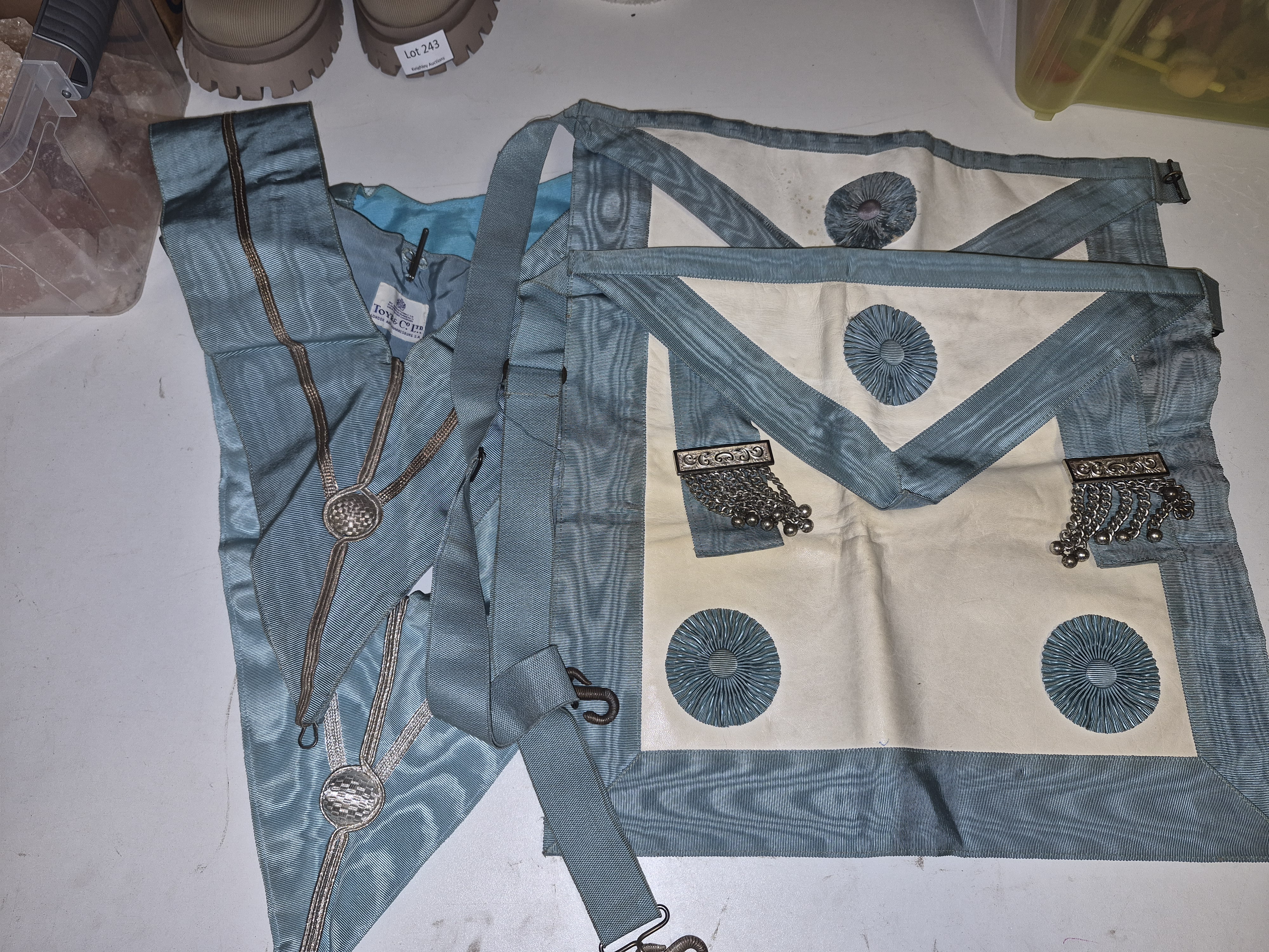 A Selection of Freemasonry Regalia Including Toye & Co Ltd Master Mason Aprons