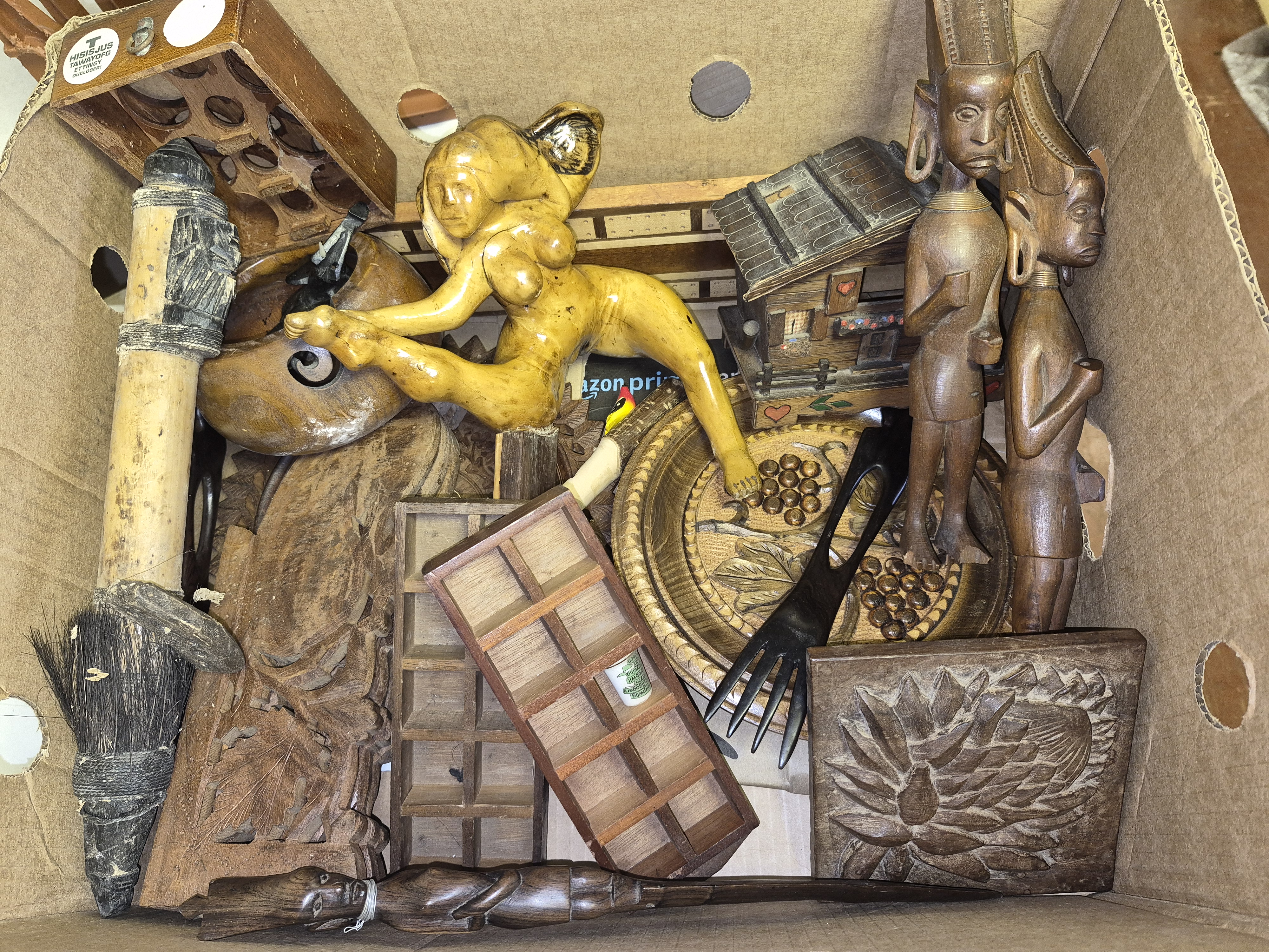 A Box of Wooden Decorative Items and African Style Carvings