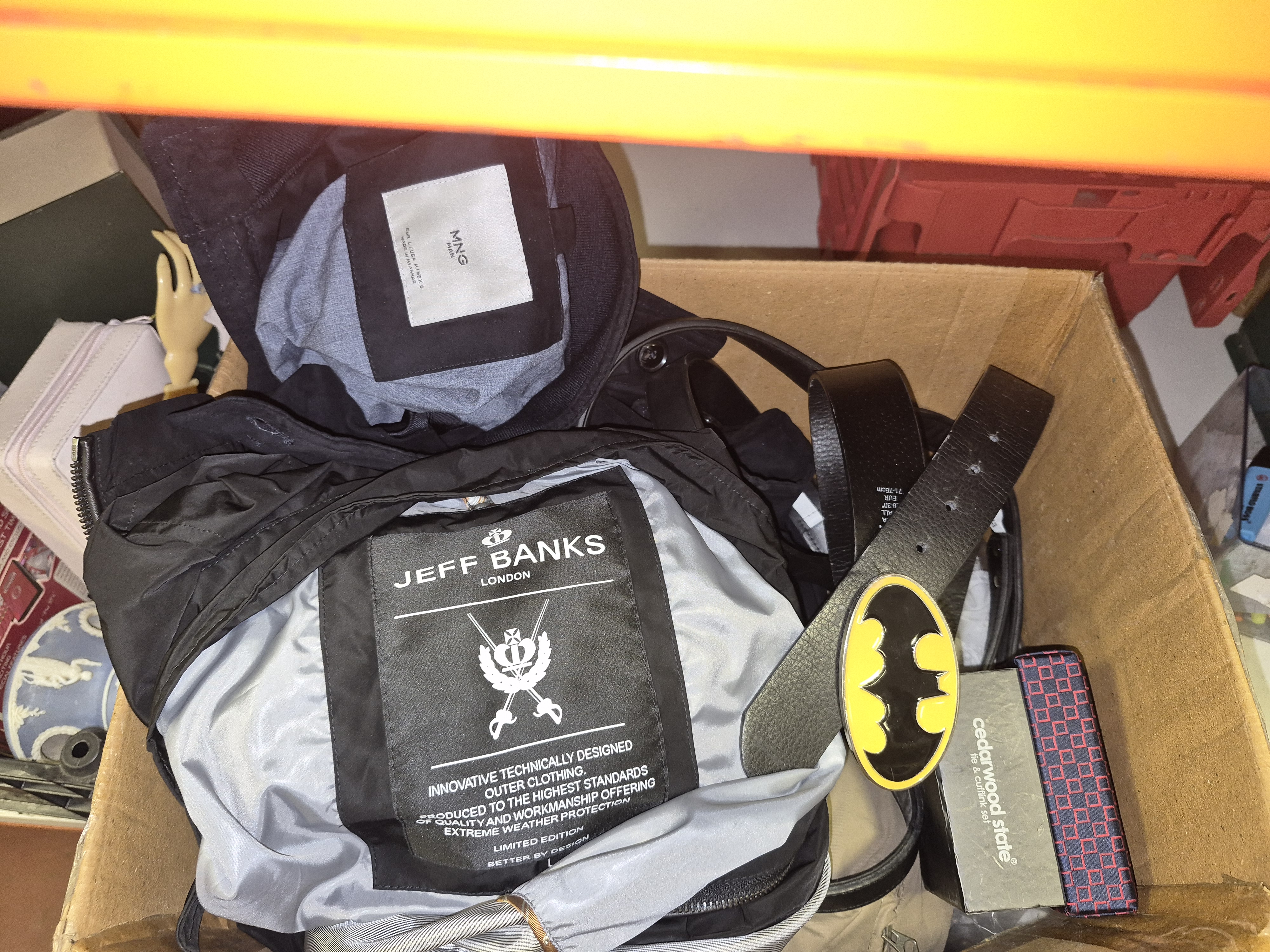 A Box of Menswear and Accessories Including Jeff Banks MNG Man and Cedarwood State
