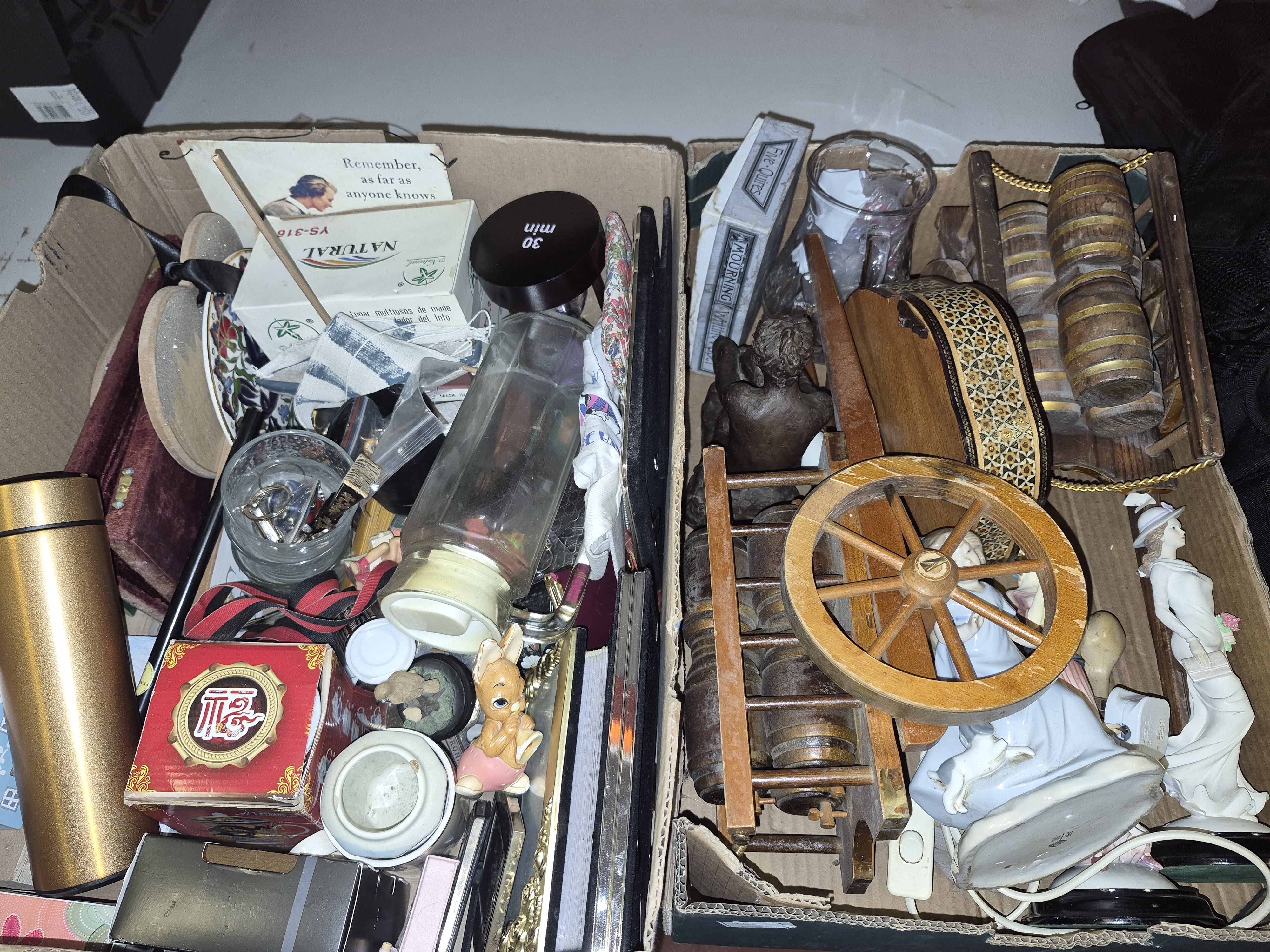Two Boxes of Miscellaneous Decorative Collectables and Ephemera Including Ceramic Figurines