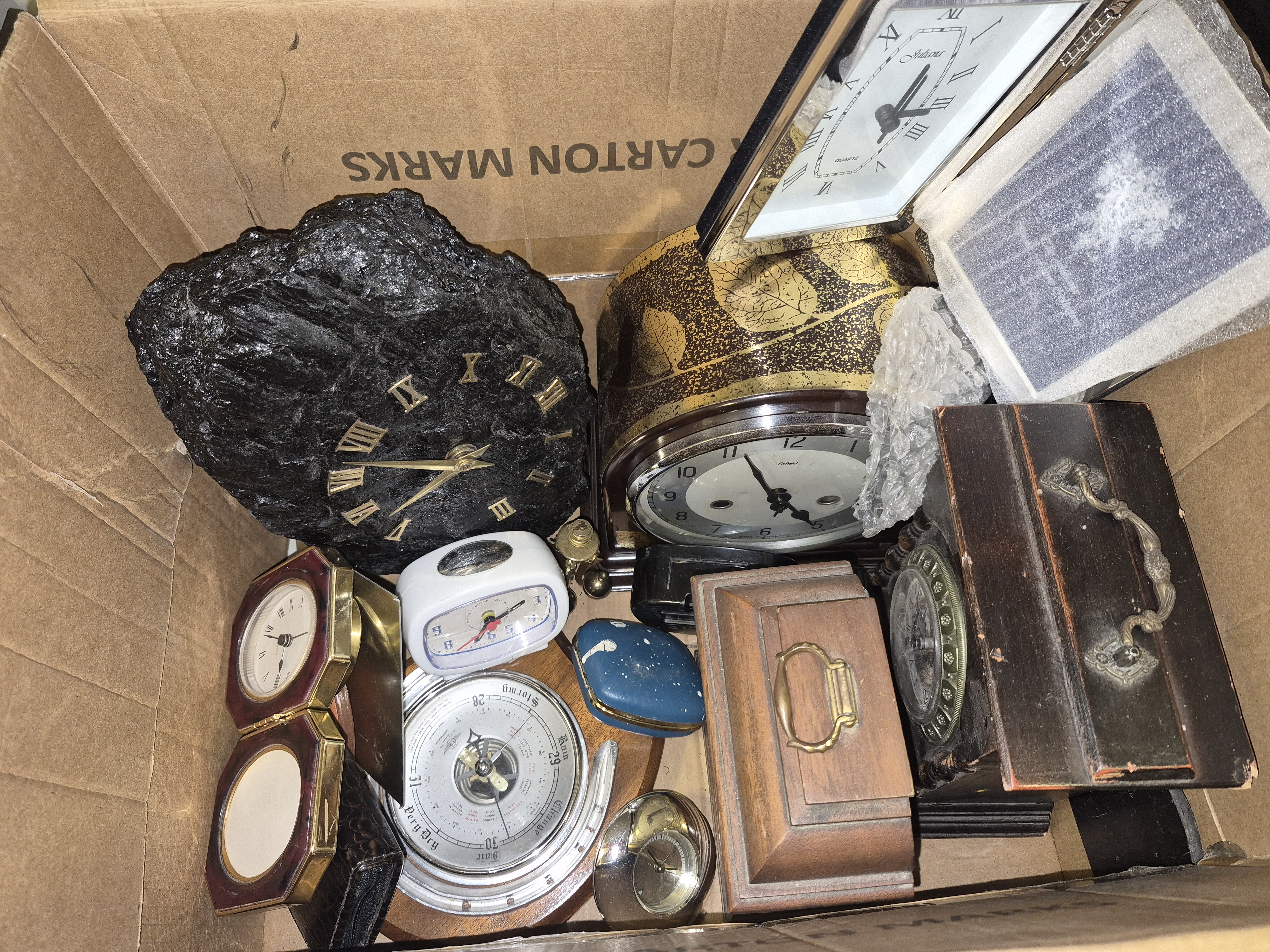 Box of Miscellaneous Clocks and Barometers Including Enfield and Silvana