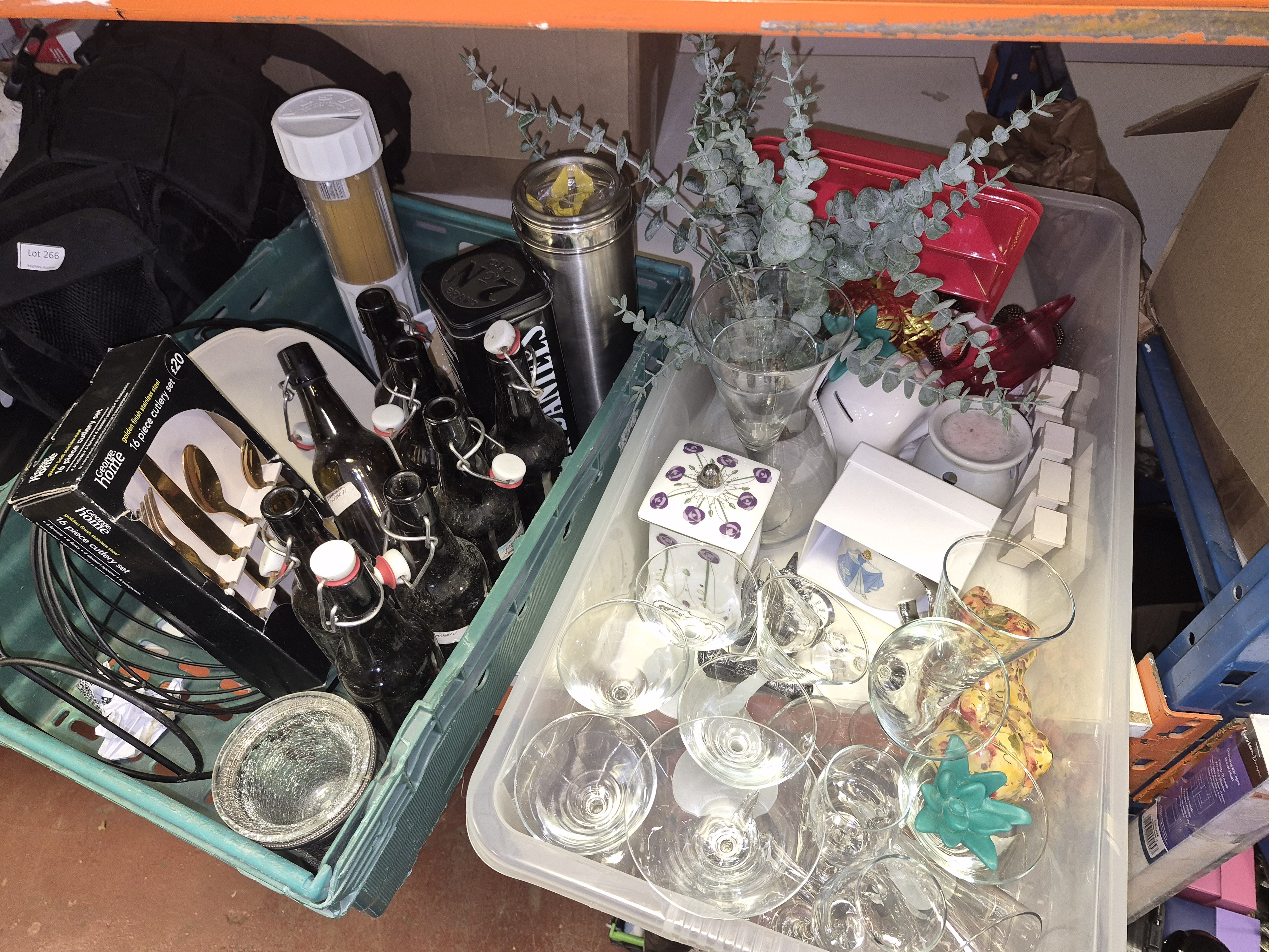 Two Boxes of Household Kitchenware Glassware and Decorative Items Including George Home and Jack Daniel's