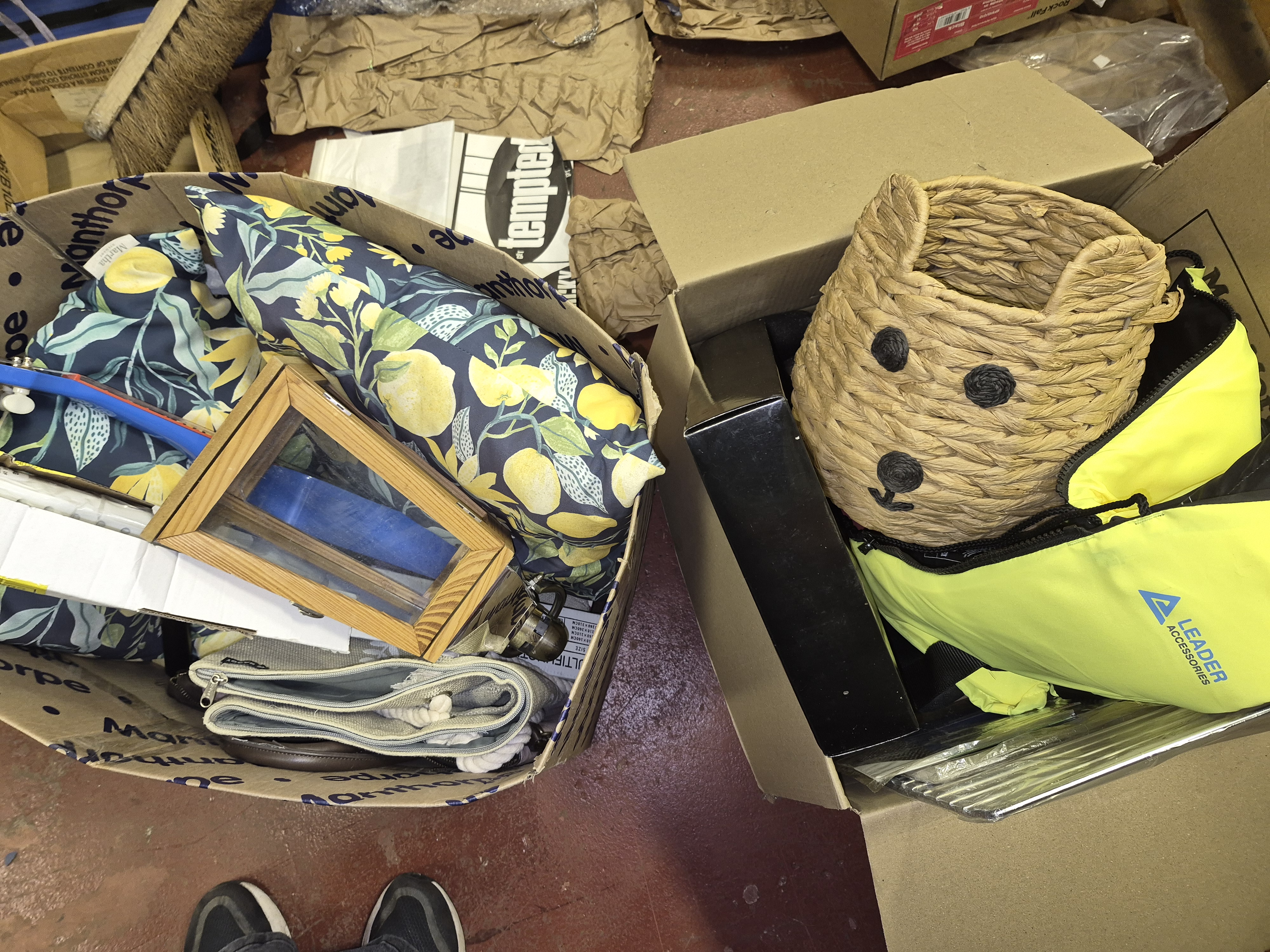 Two Boxes of Textiles and Household Goods Including Martha and Leader Accessories