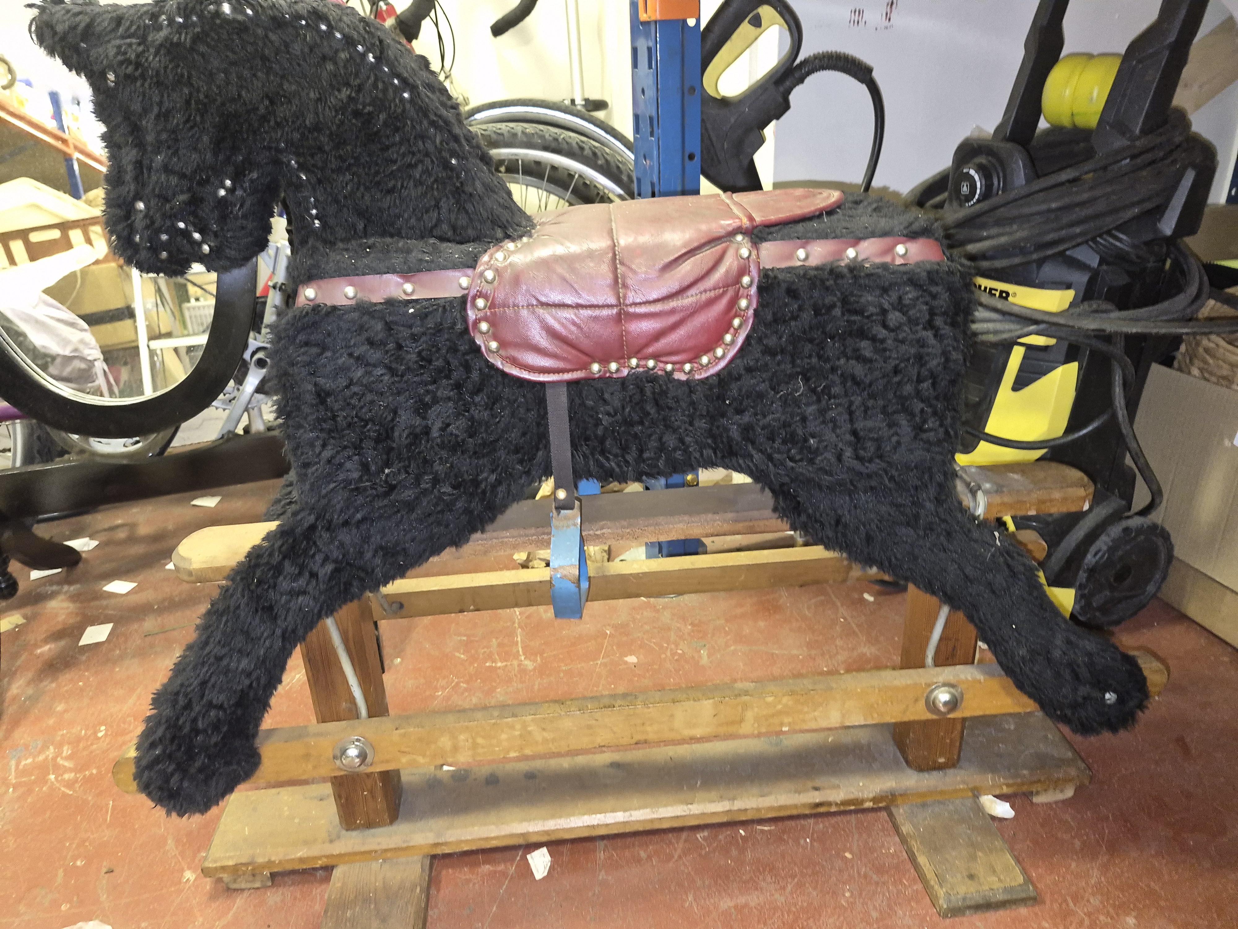 Mid-20th Century Plush Covered Rocking Horse on Pine Safety Stand