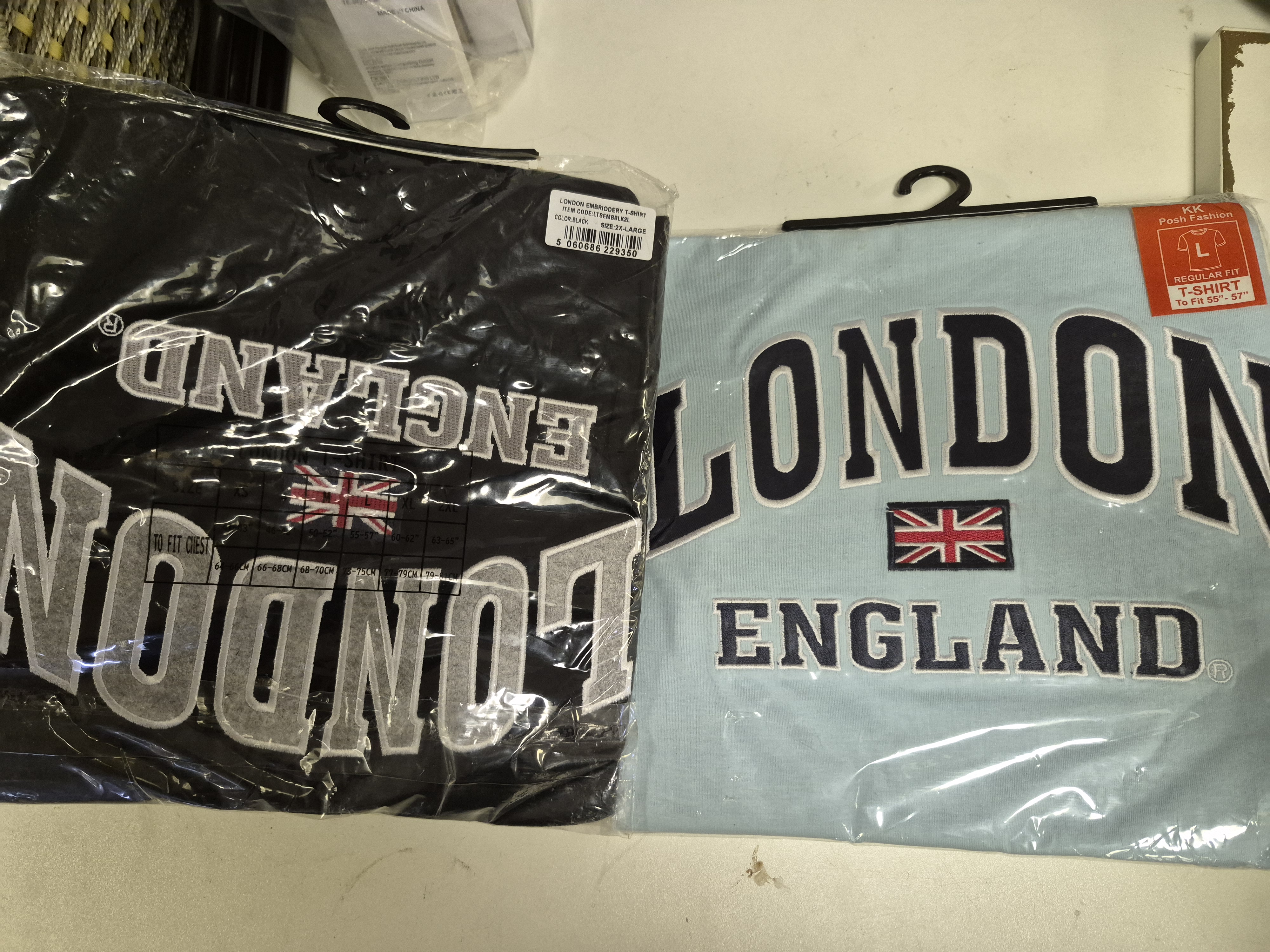 Two KK Posh Fashion London England Embroidered T-Shirts sizes L and 2XL