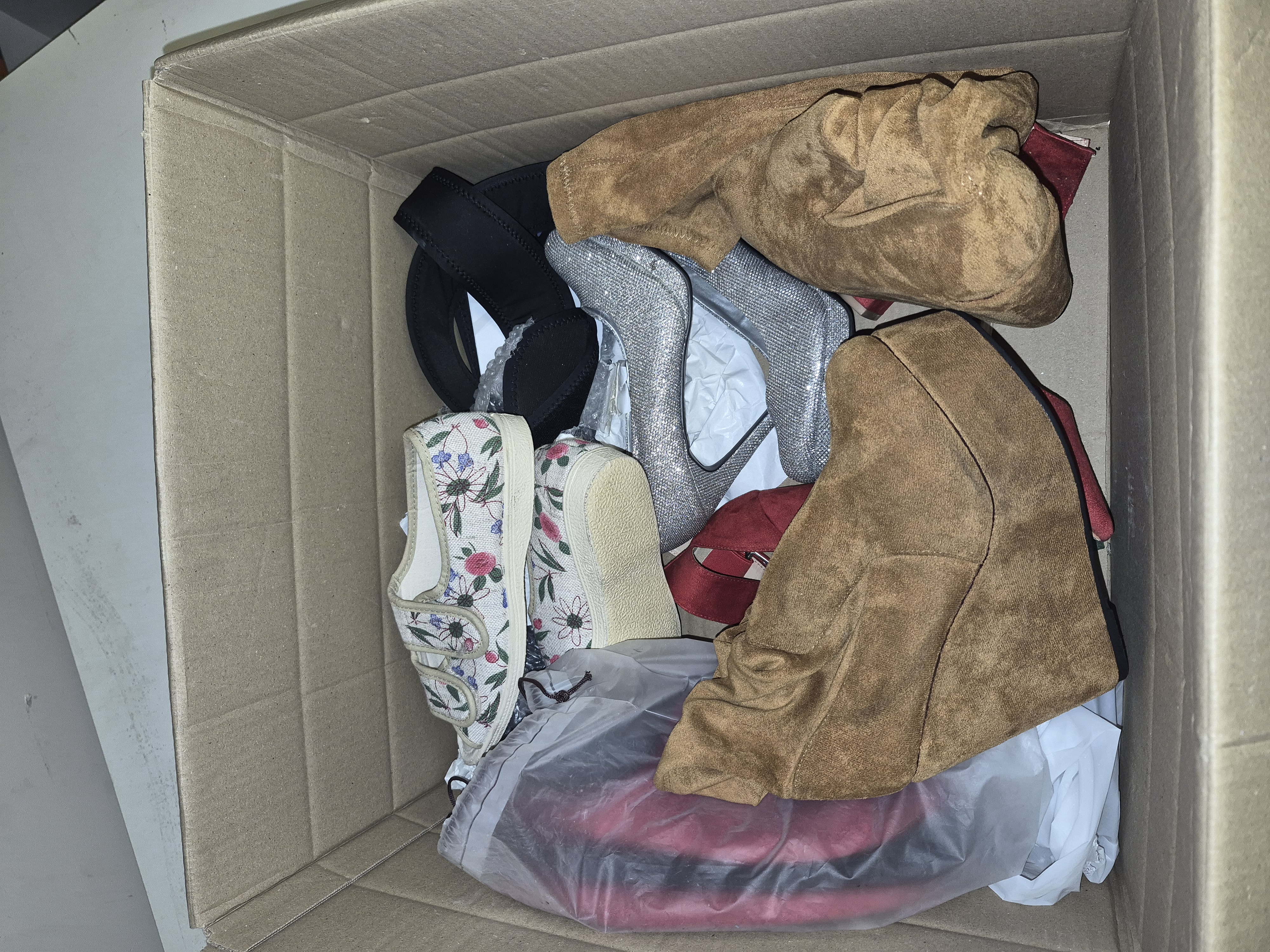 Box of Ladies Footwear Including Wedge Boots and Glitter Pumps